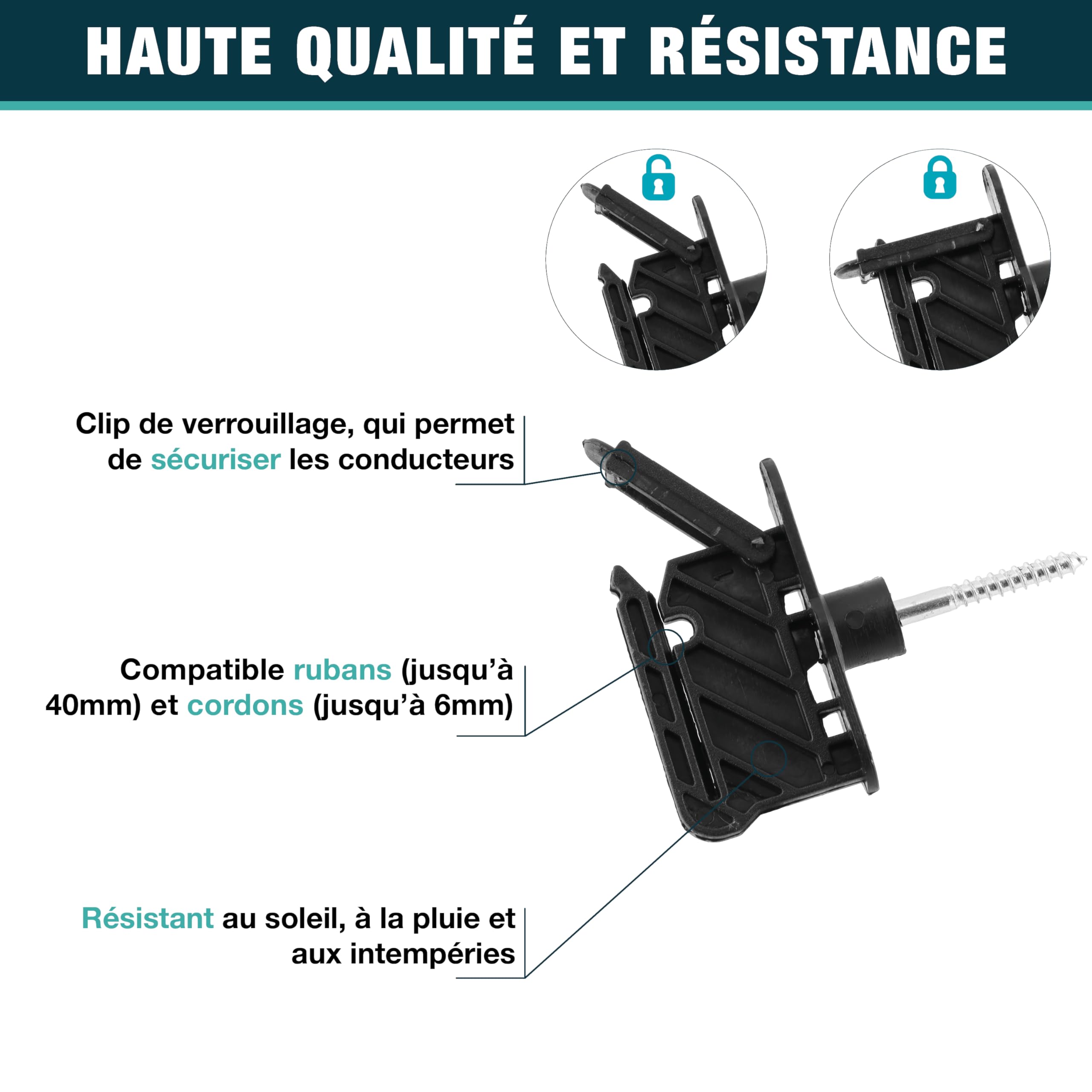 Isolateur clôture électrique à vis - 50pcs - Compatible avec Cordes, Cordons jusqu'à 6mm et Rubans jusqu'à 40mm - Trés robuste et facile à visser - Pour piquets Bois - Fermeture à clip