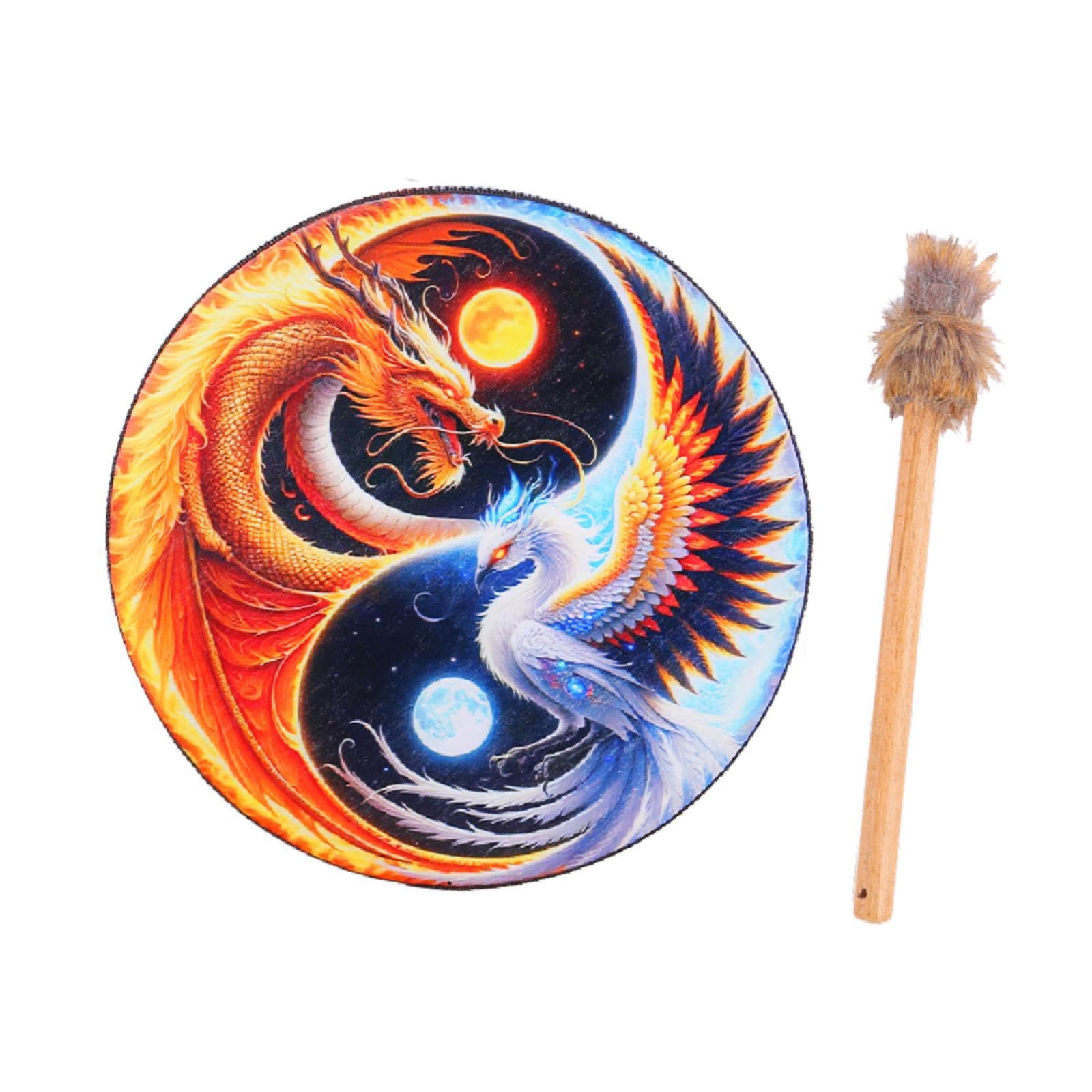 Baoblaze Shaman Drum Tambour Chamanique Rond Percussion Instrument Bois Bâton Objet Décoratif Adapté pour Célébration Rassemblement Cérémonie, Dragon et Phénix