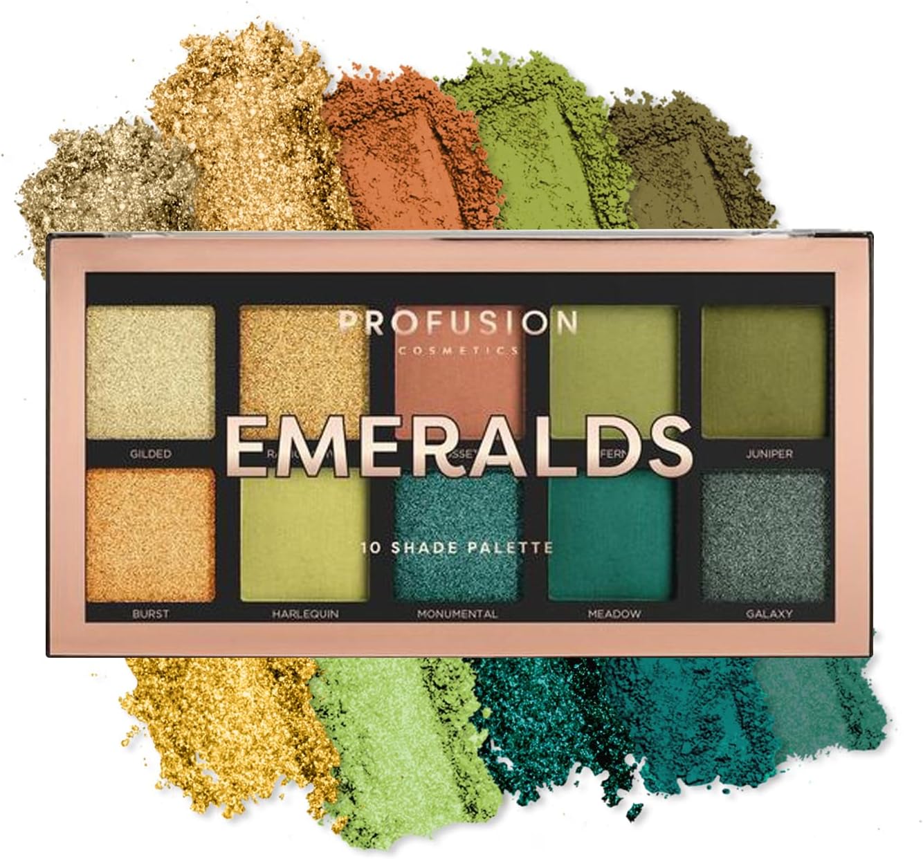 Profusion Cosmetics Emeralds 10 Shade Eyeshadow Palette – Pigmented & Blendable Green Tones, Matte & Shimmer Finishes for Versatile Eye Looks, Travel-Friendly & Cruelty Free Makeup