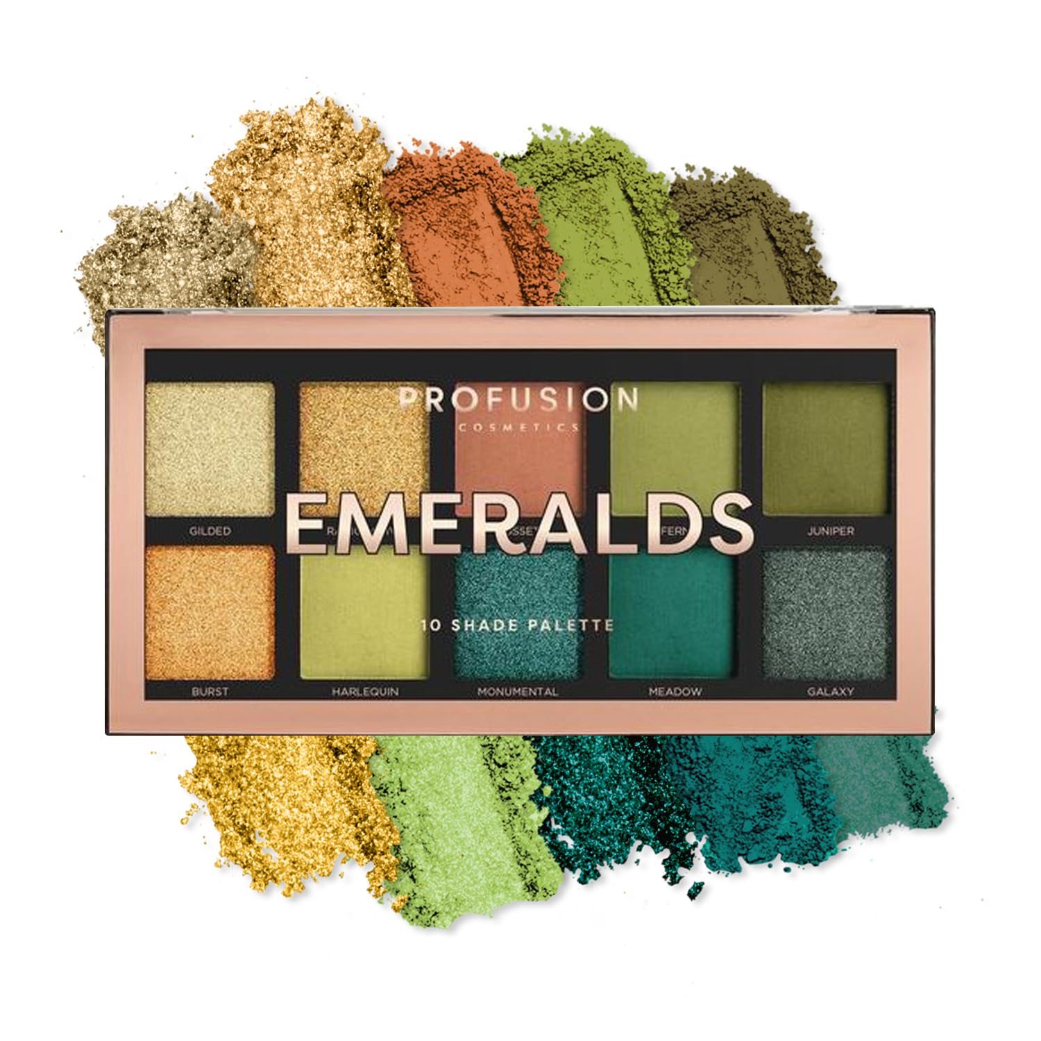 Profusion Cosmetics Emeralds 10 Shade Eyeshadow Palette – Pigmented & Blendable Green Tones, Matte & Shimmer Finishes for Versatile Eye Looks, Travel-Friendly & Cruelty Free Makeup