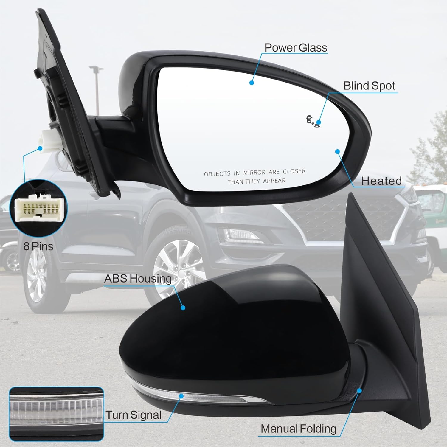 Right Passenger Side Mirror Compatible With 2019 2020 2021 Hyundai Tucson With Manual folding Power glass Turn Signal Heated Blind Spot Black Replace #87620D3930(8Pins)
