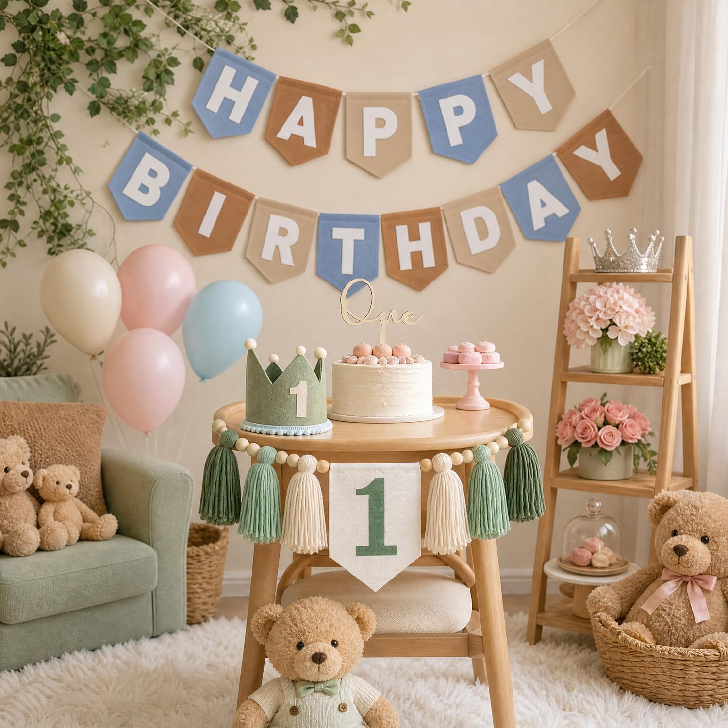 1st High Chair Decoration with Happy Birthday Banner, Hat and Cake, Sage