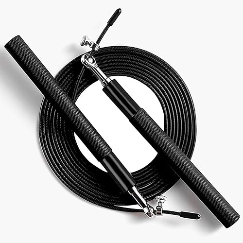 Cuerda de salto de velocidad - Rodamiento de bolas giratorio de 360 - Cuerda ajustable recubierta de acero - Mango de aluminio anti salto -