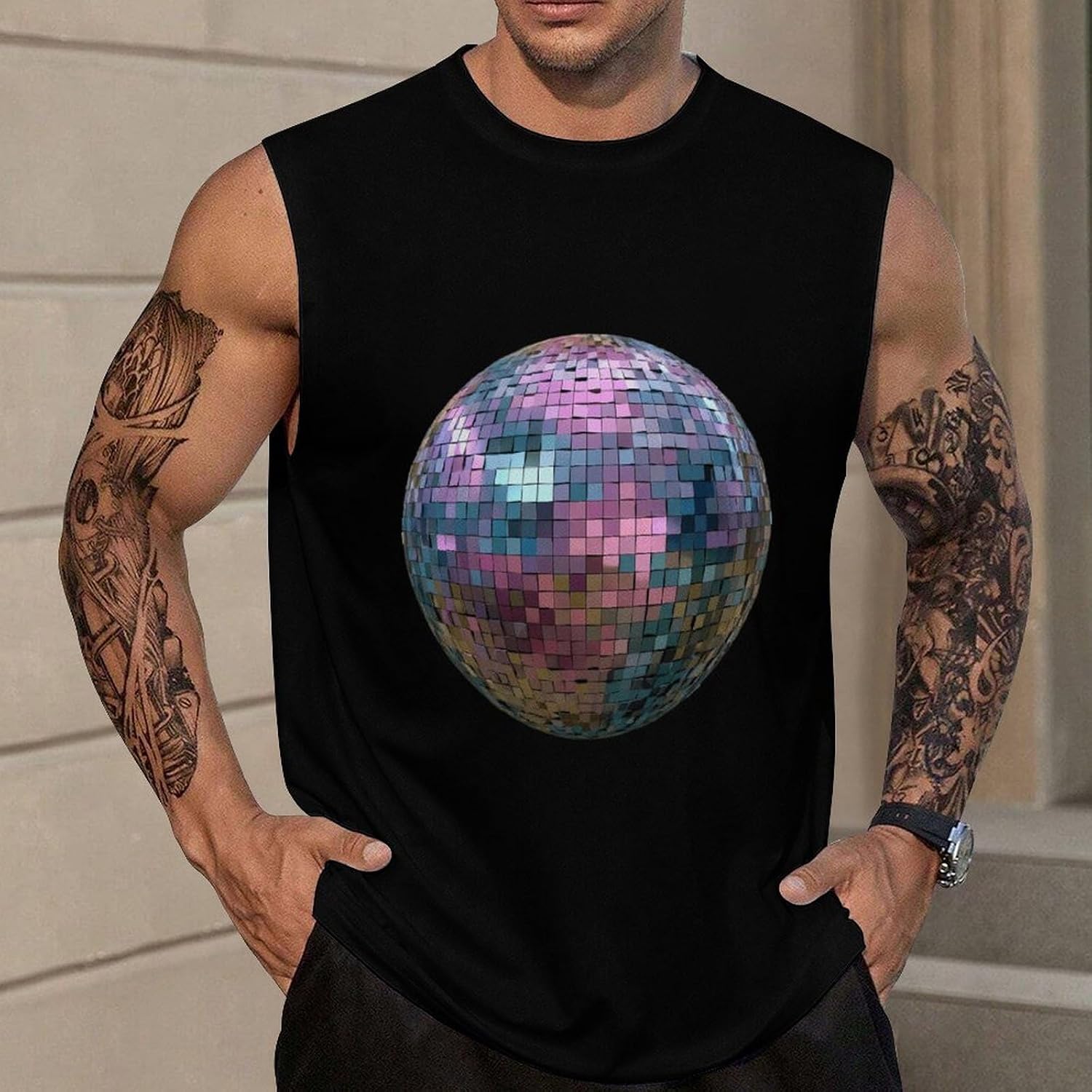 Disco Ball Men Summer Sleeveless Crew Neck Top 5XL