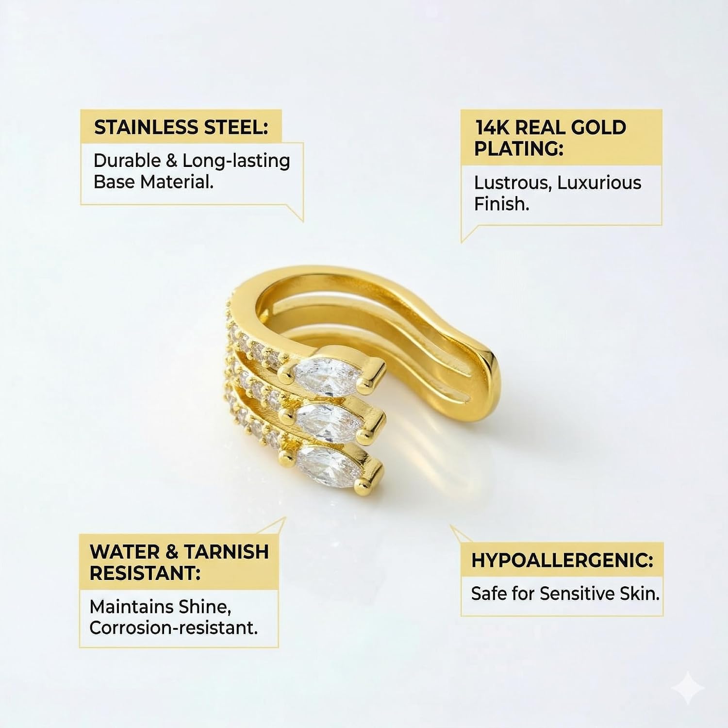 14K Gold Plated 316L Stainless Steel Ear Cuffs for Women – Non Piercing, Adjustable, Hypoallergenic Cartilage Cuff Earrings (Multiple Styles