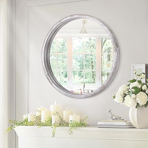 Miniatura 136 de JJUUYOU Espejo circular de pared redondo para baño, espejo de tocador marrón rústico, pequeño círculo decorativo para pared, marco de madera, espejo