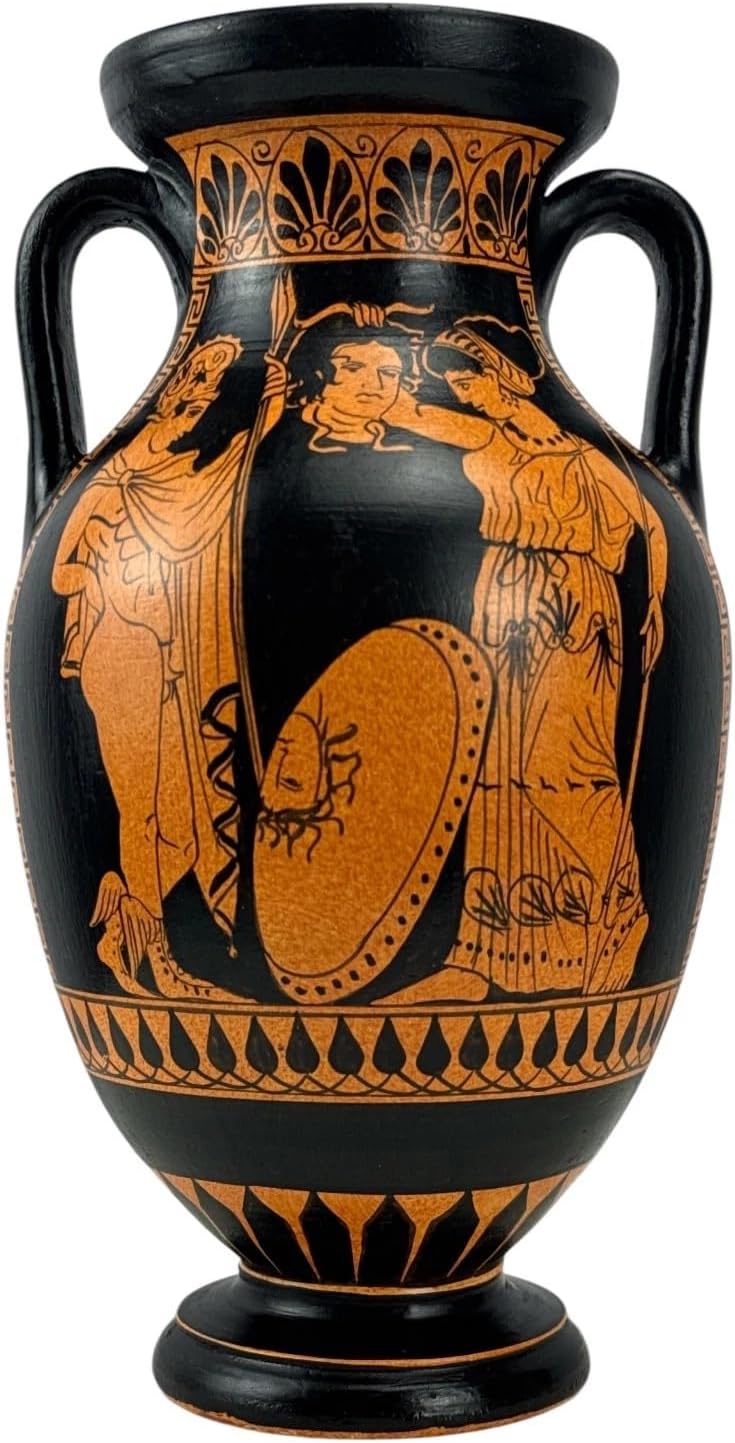 Greek Artworks Hand Painted Black Cylindrical Vase: Medusa Monster Head Snake Perseus with Goddess Athena Ancient Greek Pottery