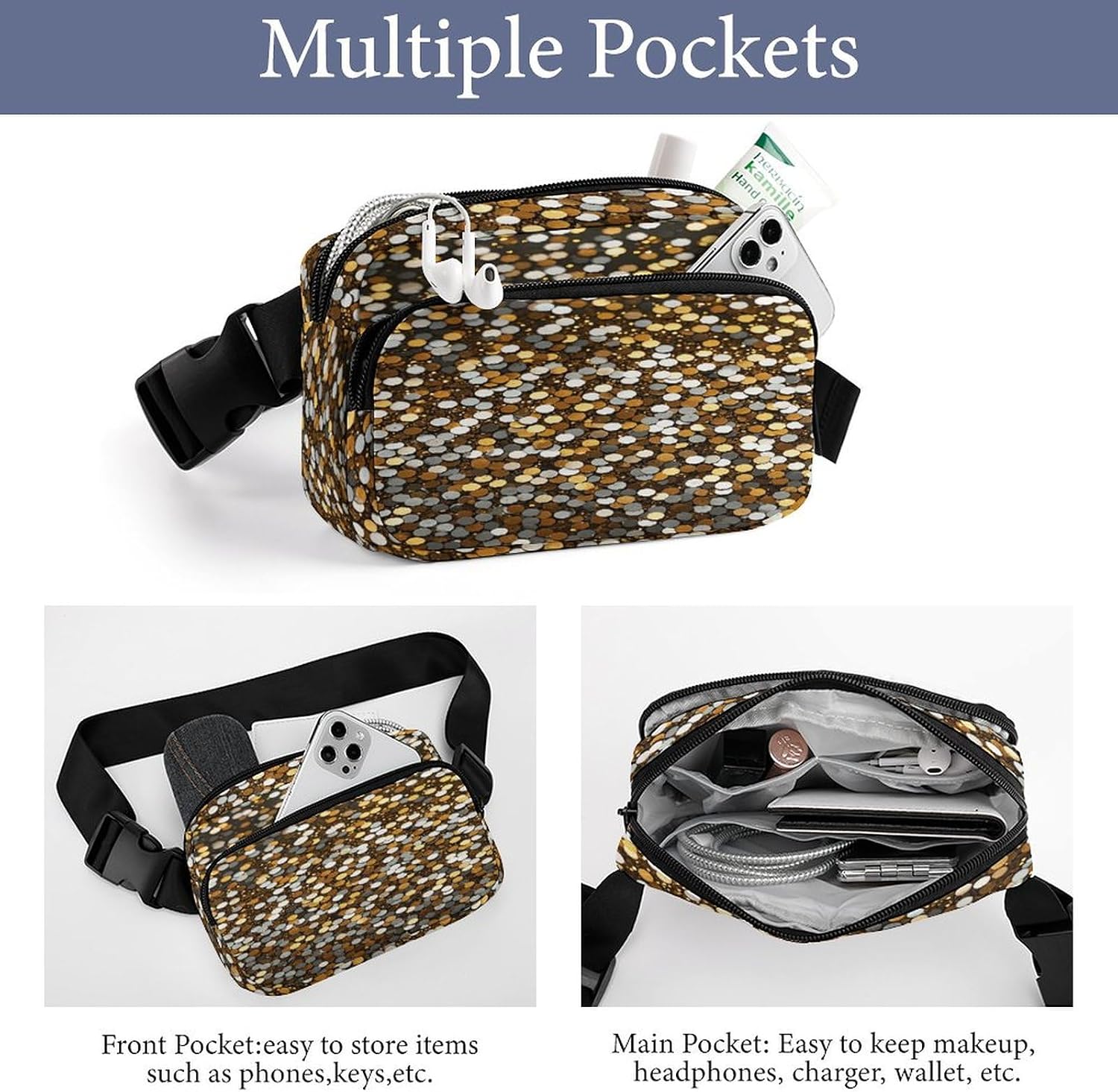 Glitter Sequin Spot Fanny Pack Belt Bag with Adjustable Strap Fashion Waist Bag for Outdoor Sports Hiking