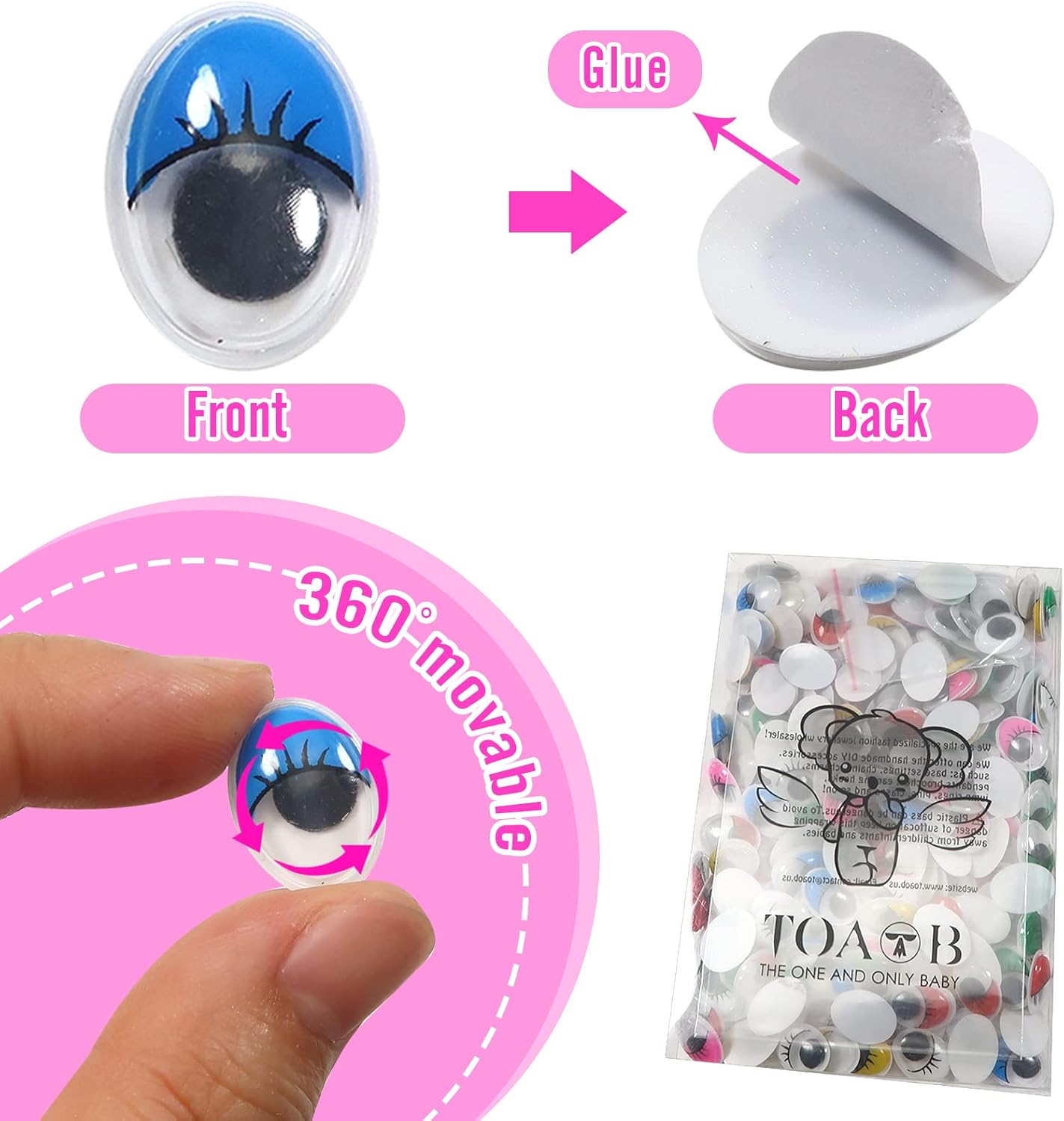 TOAOB 252pcs Wiggle Googly Eyes Self Adhesive with Eyelashes Oval 12x16mm