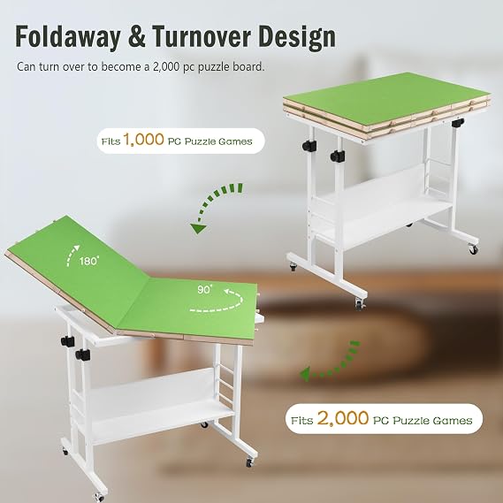 Tektalk 2000 Piece Foldable Puzzle Board with Height Adjustment, Jigsaw Puzzle Table with 2 Felt Cover & 8 Sorting Trays/Drawers, Puzzle Easel with Legs, Enclosed with 4 Roller Wheels (Green)