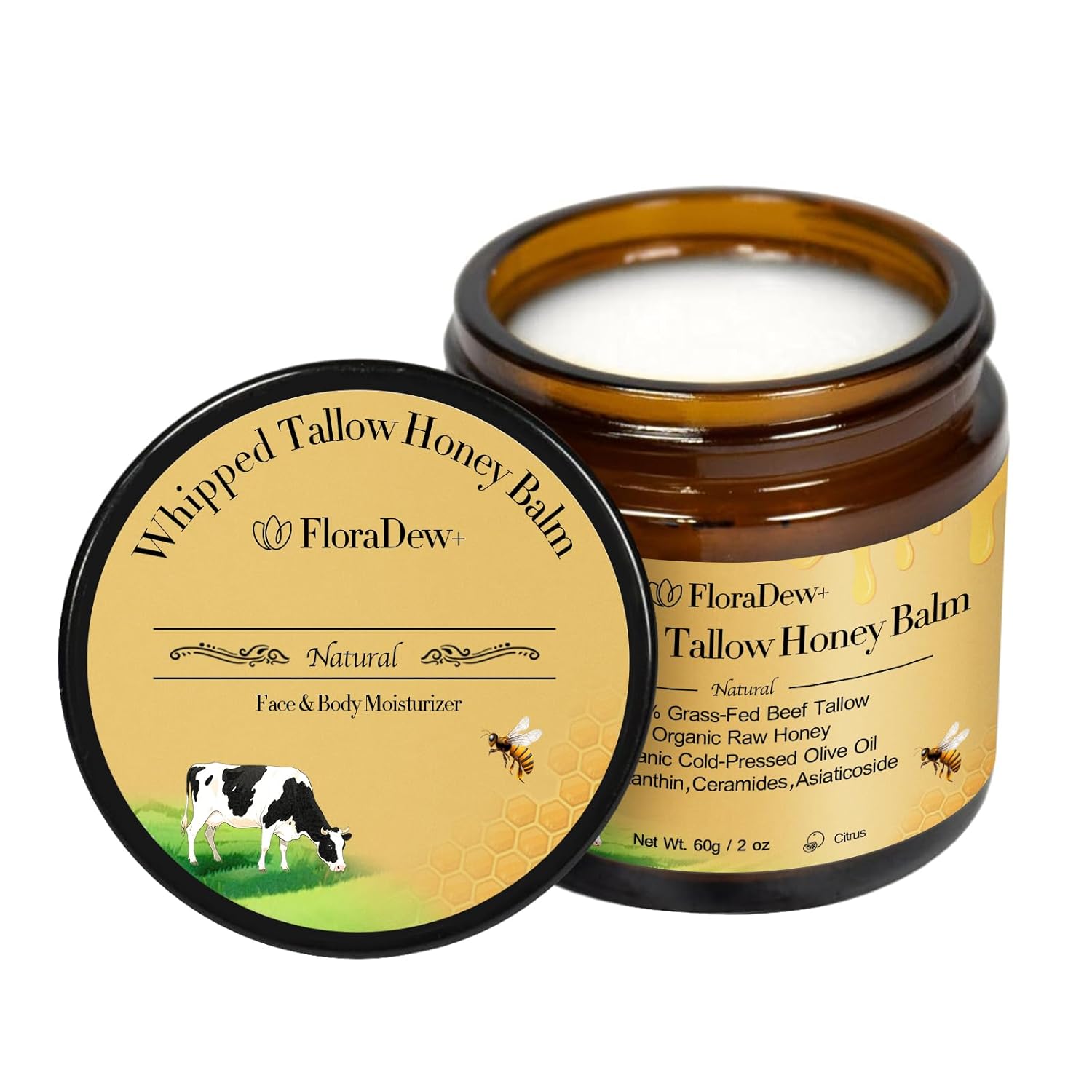 Tallow and Honey Balm – Organic Grass-Fed Beef Tallow for Skin – Moisturizer Deep Hydration for Body with Beef Tallow & Raw Honey & Infused Olive Oil 2.12 FL OZ (Citrus)