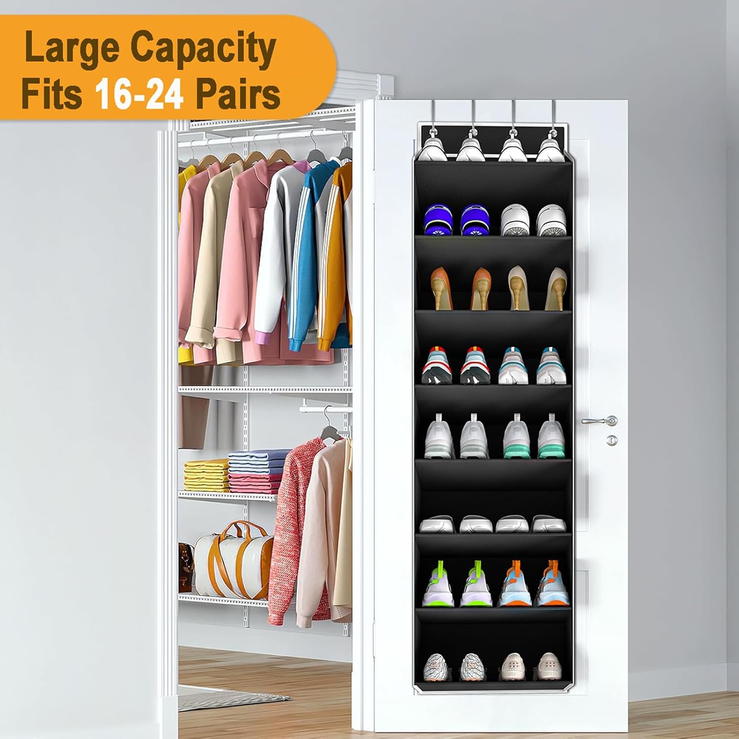 Over Door Shoe Organizer, Heavy Duty Hanging Rack, Breathable Pockets (Black,8 Tiers)