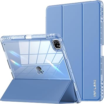 INFILAND iPad Pro 12.9 in  6. Nesil, 2022/2021 Modeli Kalem Tutuculu Kristal Netli inde Arka Darbeye Dayan kl  Koruma Yumu ak  er eve  nce   Katl  Stand Ak ll  Tablet K l f , Mavi