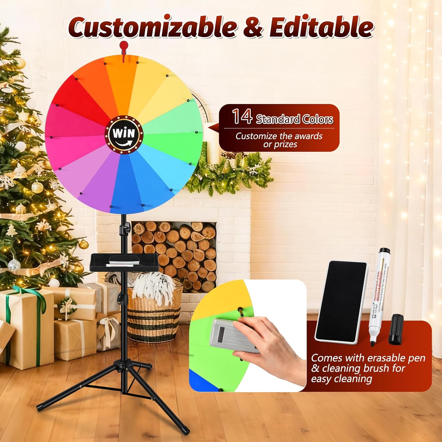 GADFISH 24-inch Spinning Prize Wheel, Ajustable 37"-65" Height Spin Doodle Game Spinner, Storable Prize Wheel Spinner with Stand, Wheel of Fortune Game, 14 Colors