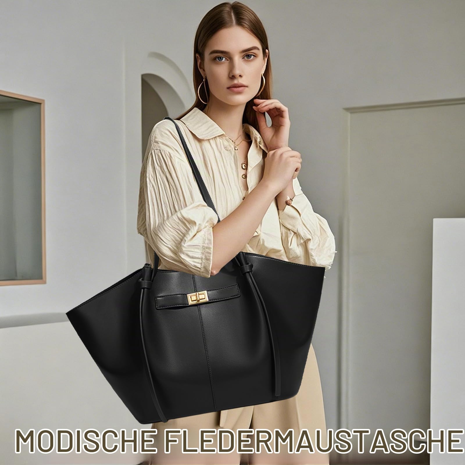 Tote Bag Damen, Shopper Tasche Damen Groß, Large Shoulder Handbag mit Abnehmbarer Schlaufe, Vintage Tasche für Arbeit Einkauf Reisen Büro