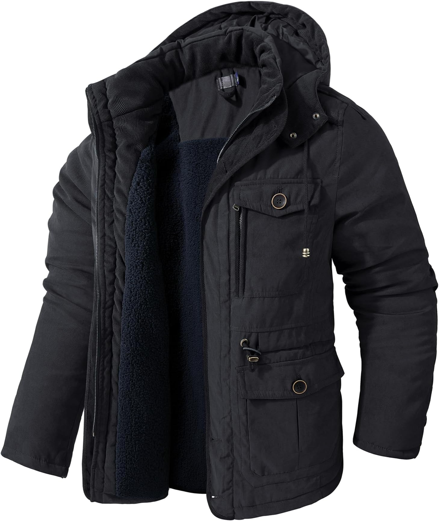 LOUECHYMen's Heavyweight Hooded Jacket Sherpa Lined Winter Jacket Thickened Parka Coat