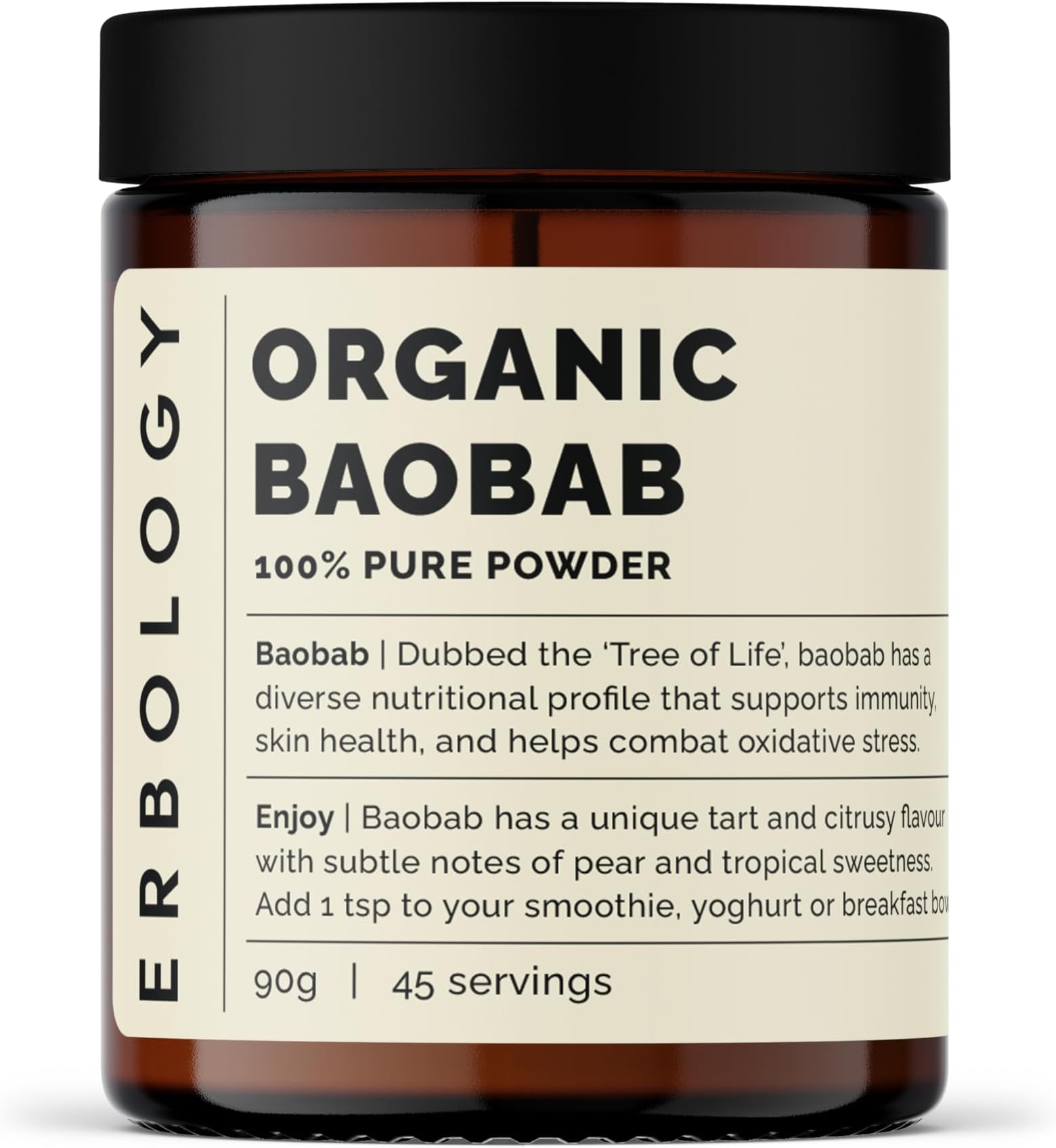 Erbology Organic Baobab Powder 90g - 45 Servings - Skin Health and Immunity Support - Rich in Vitamin C, B Vitamins and Polyphenols - Sustainably Sourced Straight from Farm - Vegan - GMO-Free