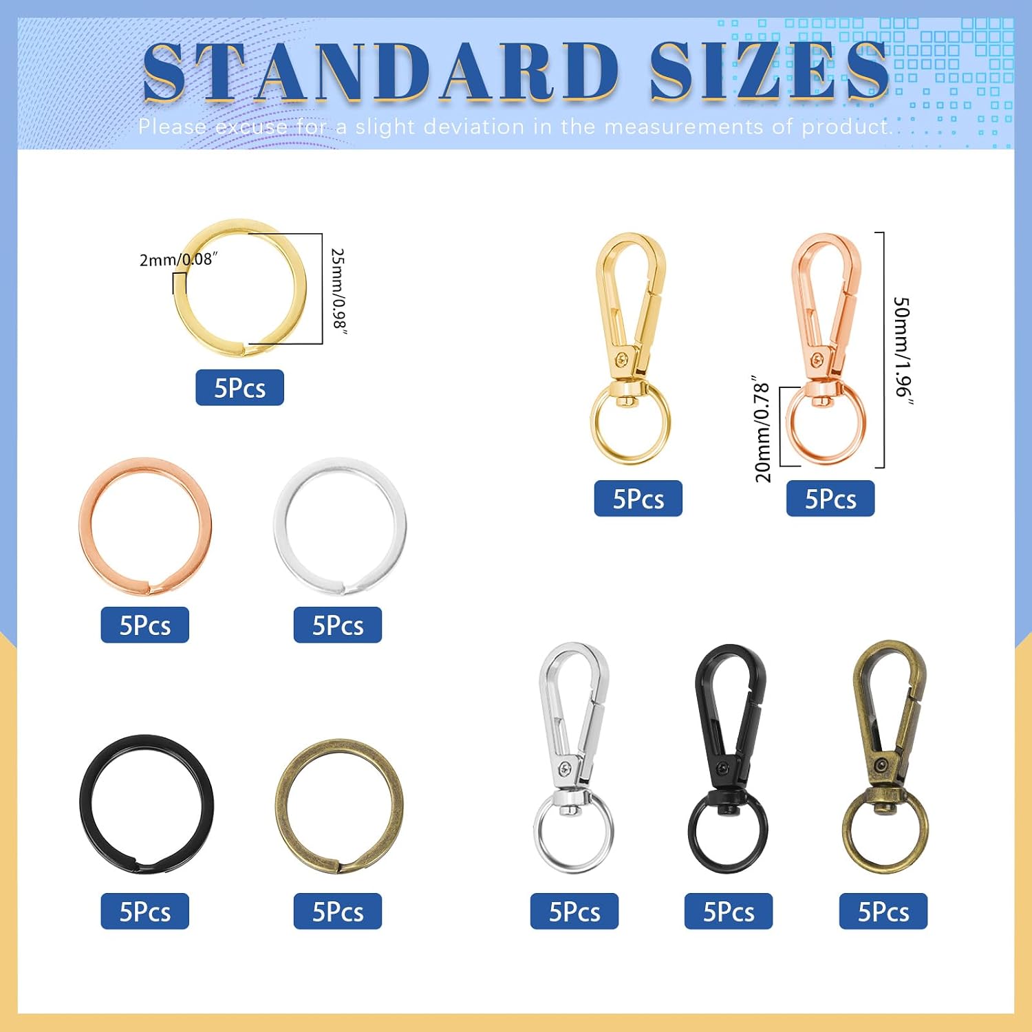 Glarks 25 Sets 50mm Lobster Claw Clasp with 25mm Key Rings Kit, 5 Colors Zinc Alloy Keychains Clips Hooks, Swivel Snap Hooks, Lanyard Snap Hooks and Key Rings