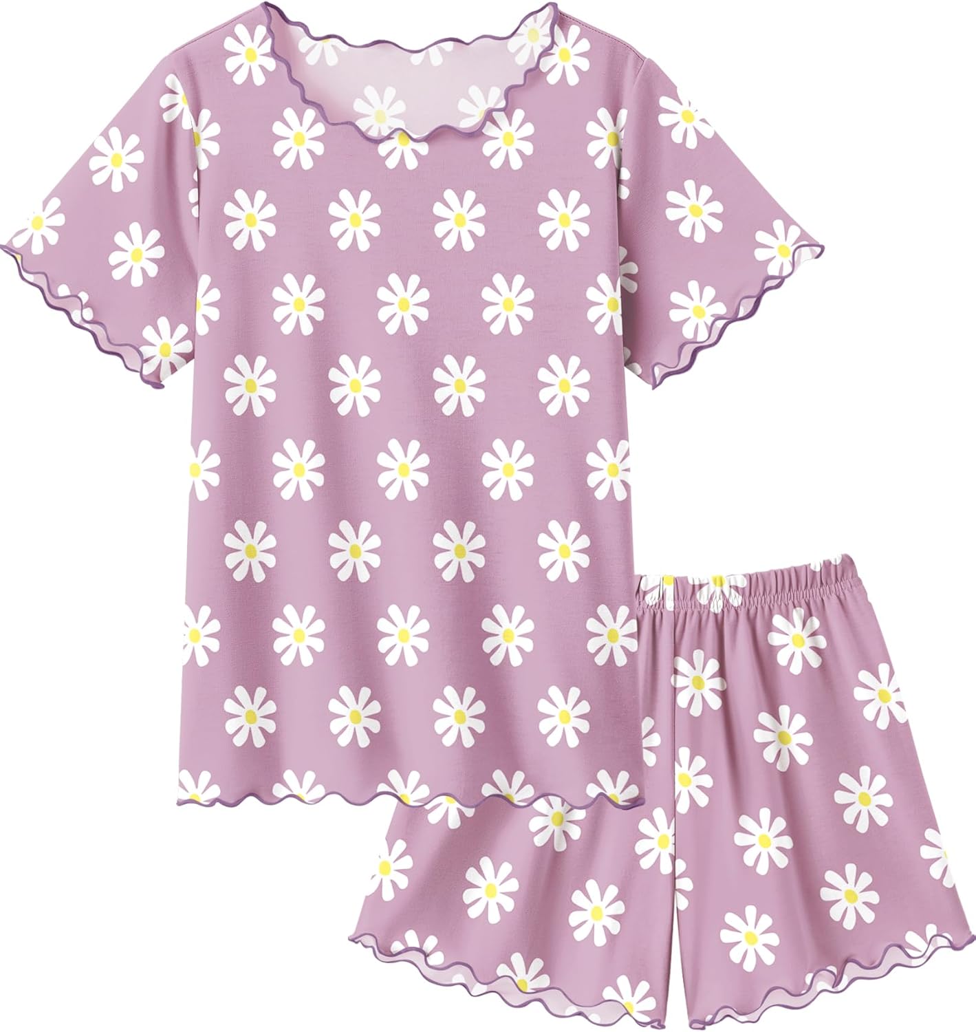 Arshiner Girls Pajama Set Short Sleeve Lounge Set Soft Shirring Summer Sleepwear Pj Sets