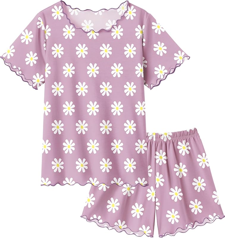 Girls Pajamas Short Sleeve Lounge Set Soft Shirring Summer Pjs | Cute Pajama for Little & Big Girls, Comfy Soft Fabric, 2-Piece Sleepwear Sets, Summer Sleep & Lounge