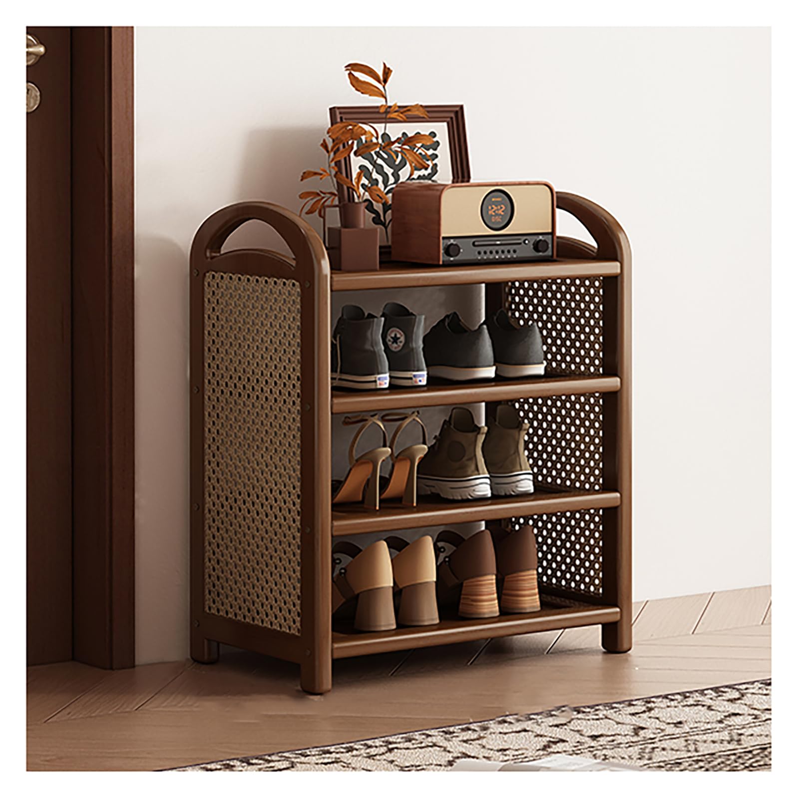 Rangement chaussures haut de gamme en bambou naturel et rotin 4 niveaux