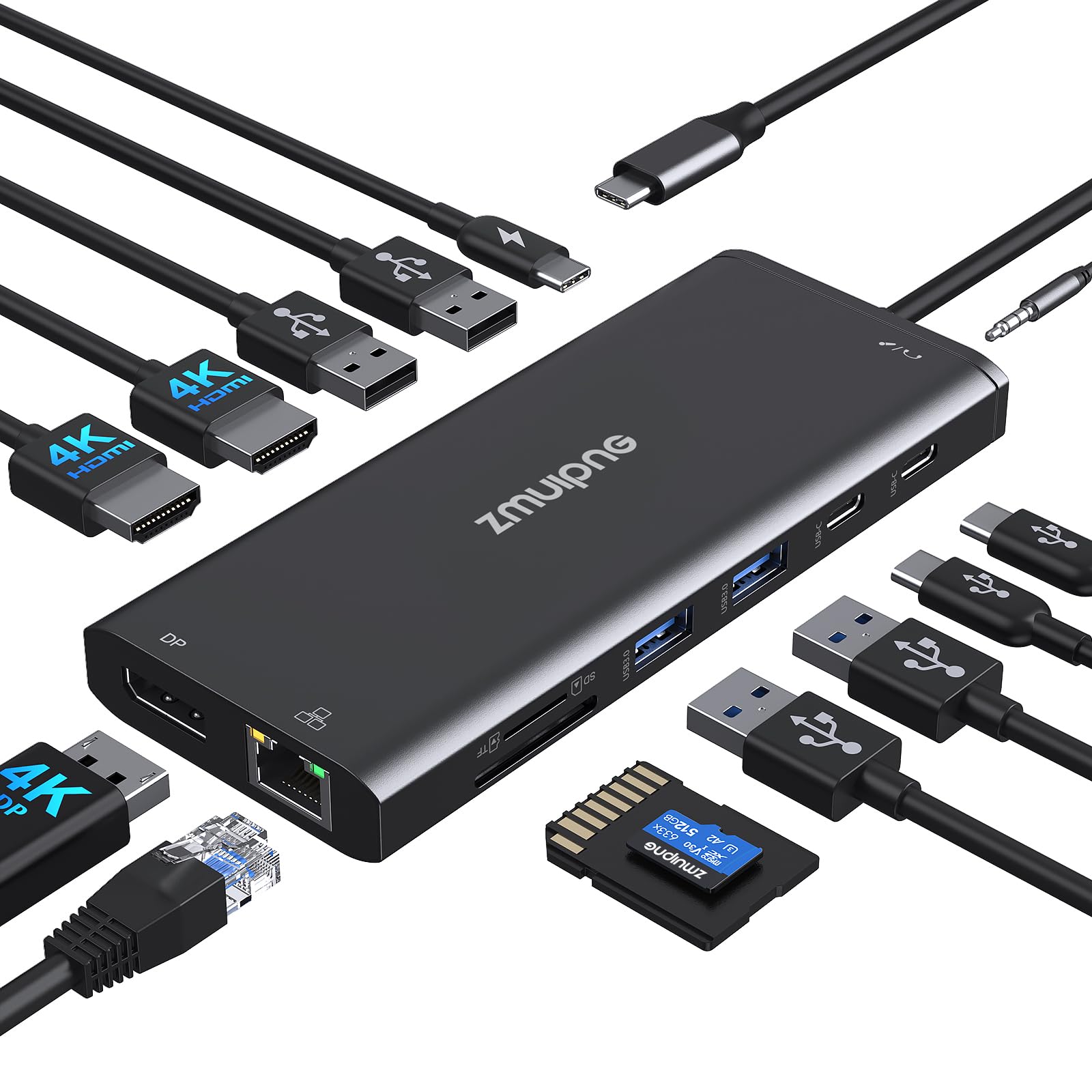 USB C Docking Station Dual Monitor,Triple Display USBC Dock, 14 in 1 Laptop Dockingstation mit 2 * 4K HDMI,DP/Displayport,Ethernet,4*USB,100W PD,USB-C Data,SD/TF,Audio/Mic für Dell HP Lenovo etc