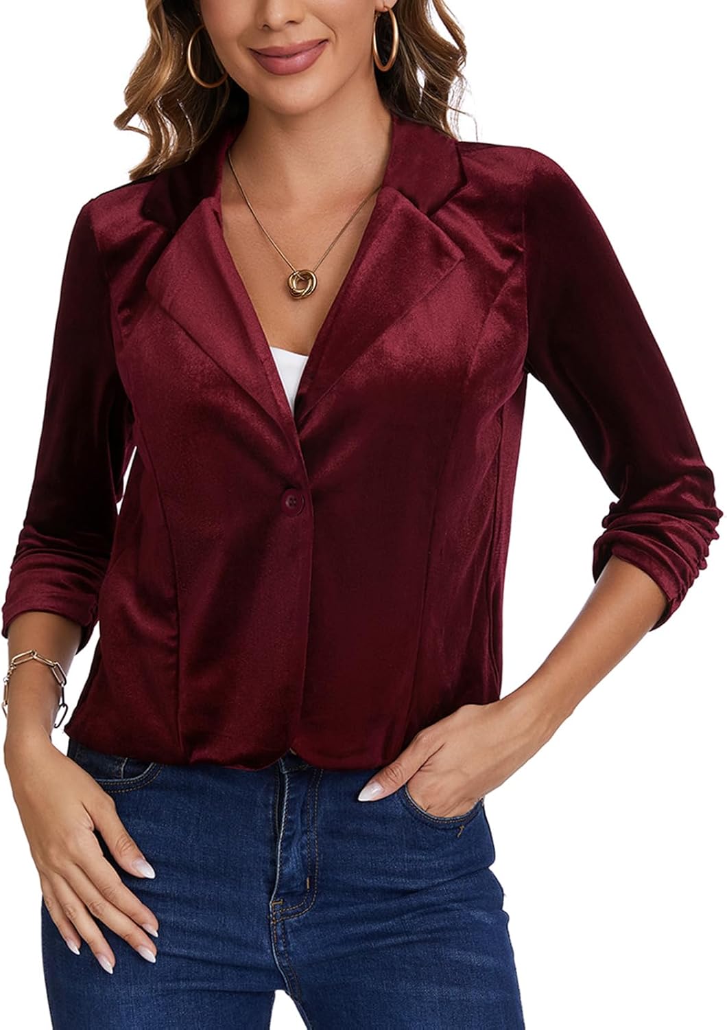 MINTLIMIT Women's Velvet Blazer Jacket Button Front Notched Lapel Long Sleeve Suit Jacket Loose Fitting Tailored Jacket Coat, Wine Red, M - Image 6