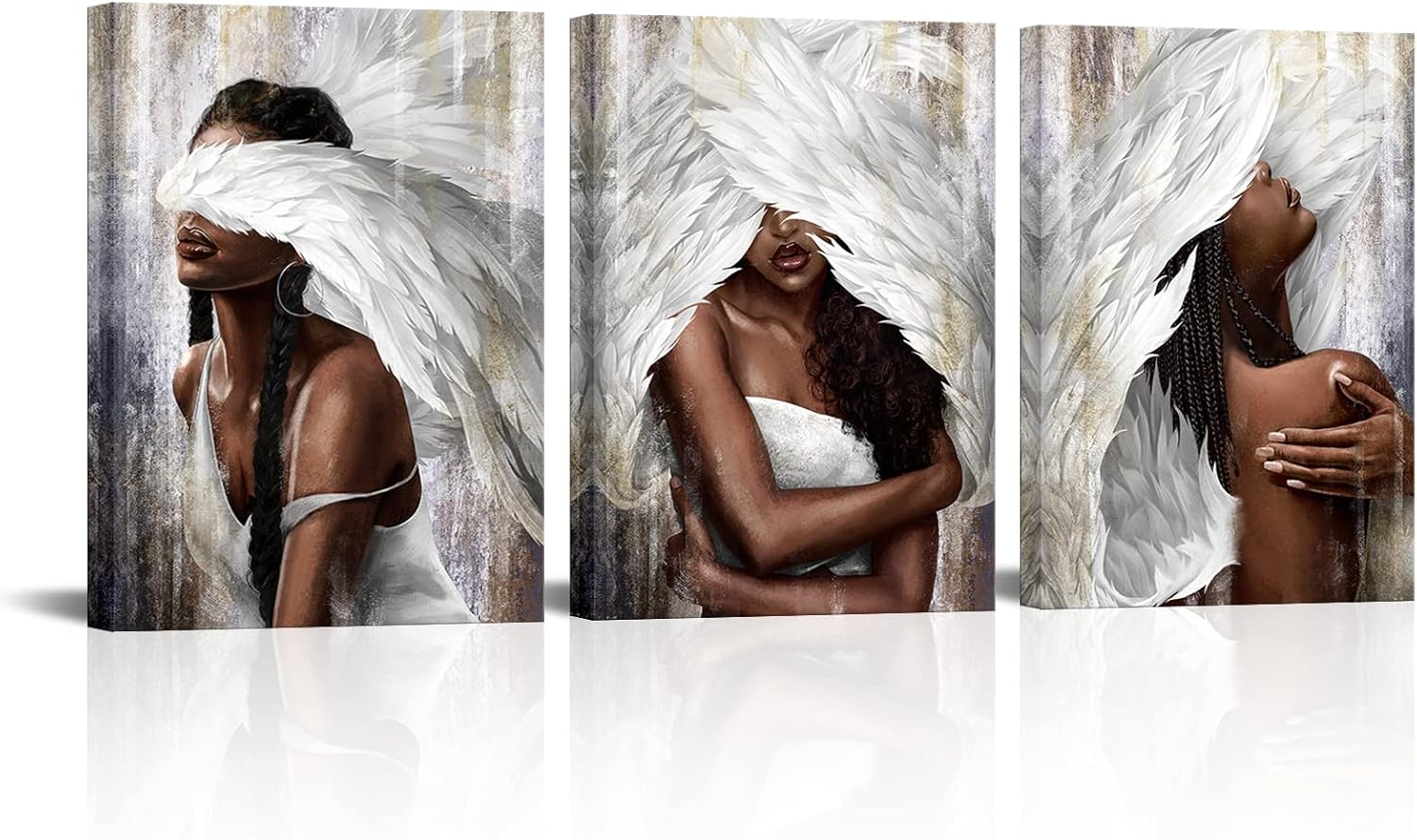 sechars Angel Wall Art Canvas Black Woman with Angel Wings Painting Prints Modern African American Abstract Girl Pictures Artwork for Home Living Room Bedroom Decor (Medium)