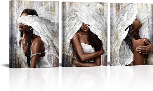 sechars Angel Wall Art Canvas Black Woman with Angel Wings Painting Prints Modern African American Abstract Girl Pictures Artwork for Home Living Room Bedroom Decor Small