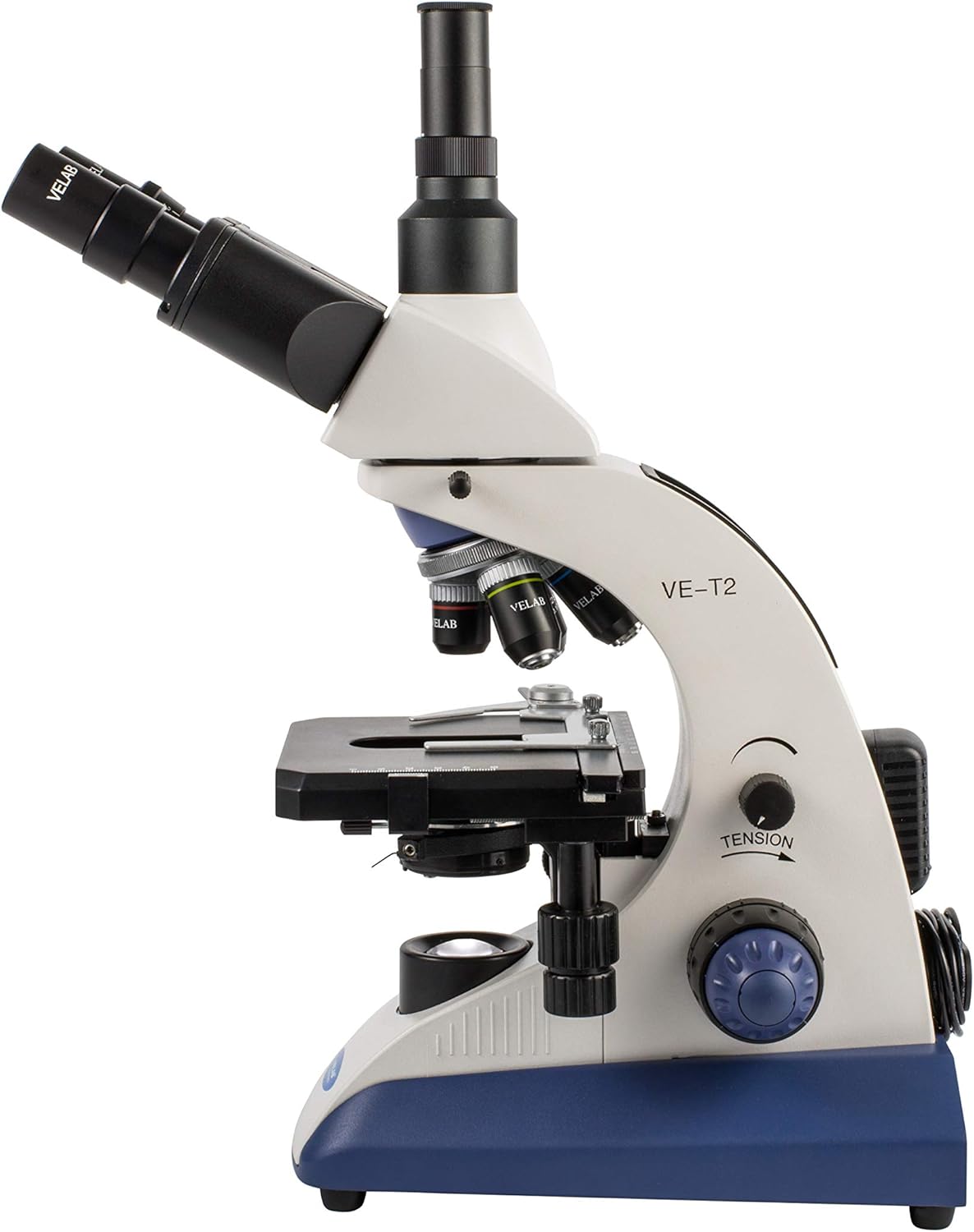 VELAB VE-T2 Trinocular Compound Microscope, side view