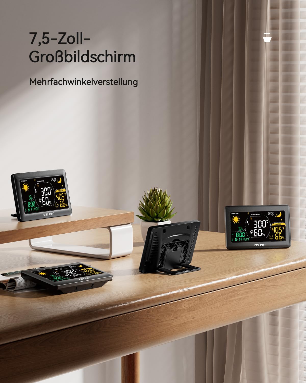 BALDR WLAN-Wetterstation mit App, 7,5-Zoll-Farbdisplay, 3 drahtlose Sensoren, kabellose Wetterstation für drinnen und draußen mit Echtzeit-Internetvorhersage
