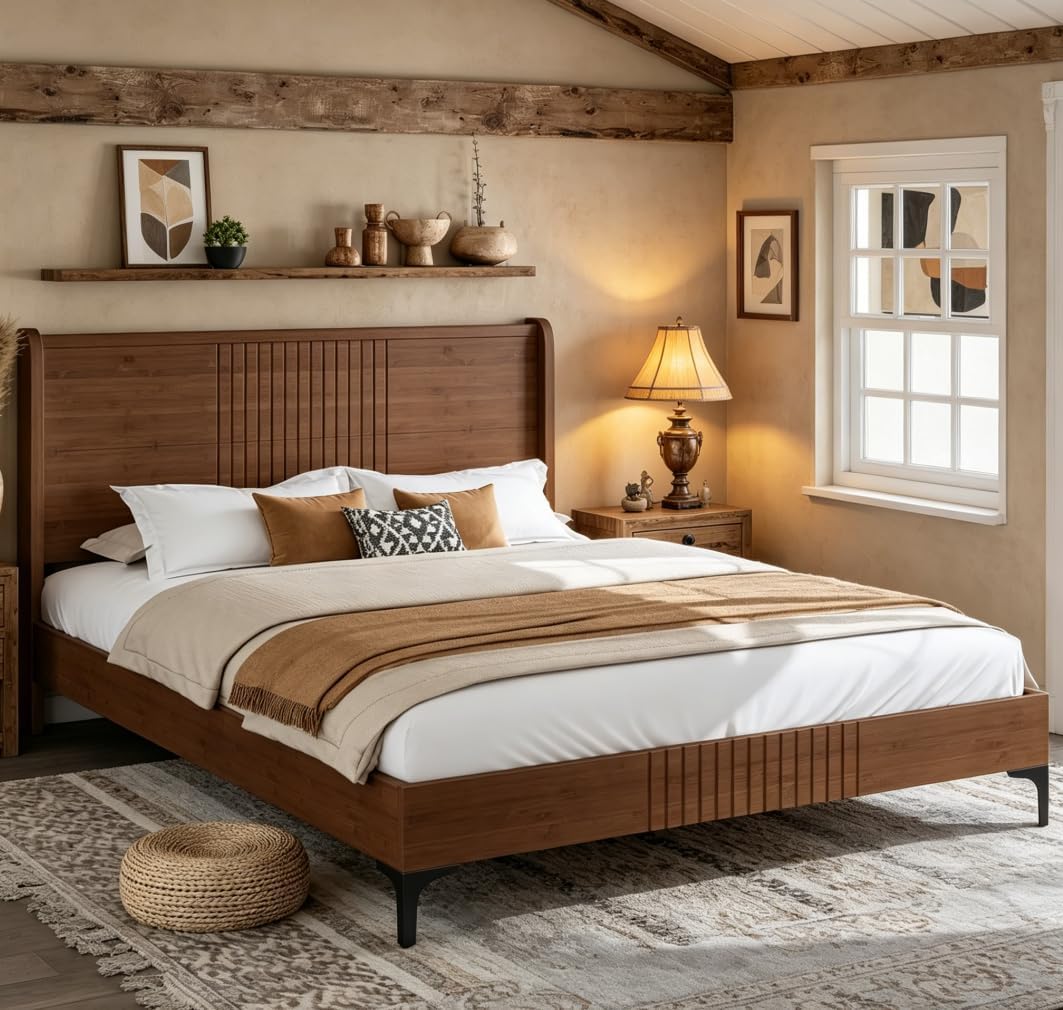 Bellemave Queen Size Bamboo Platform Bed, Mid-Century Modern Bed Frame with 37.4 Tall Headboard, Solid Bamboo Bedframe Queen Size, Wood Slat Support, Natural