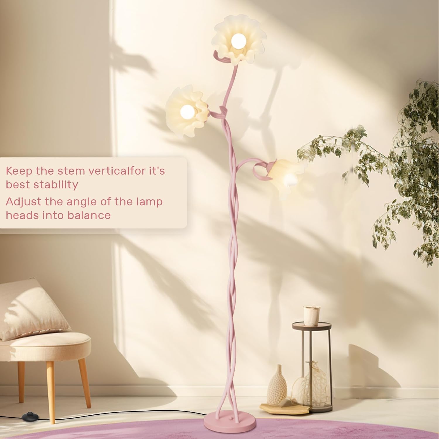 Flower Floor Lamp, 3 Color Modes LED Modern Standing Lamps with 3 Heads Bulb Flexible Neck Shaft Vintage Corner Floor Lamp for Living Room, Bedroom Office Reading Decor (Pink)