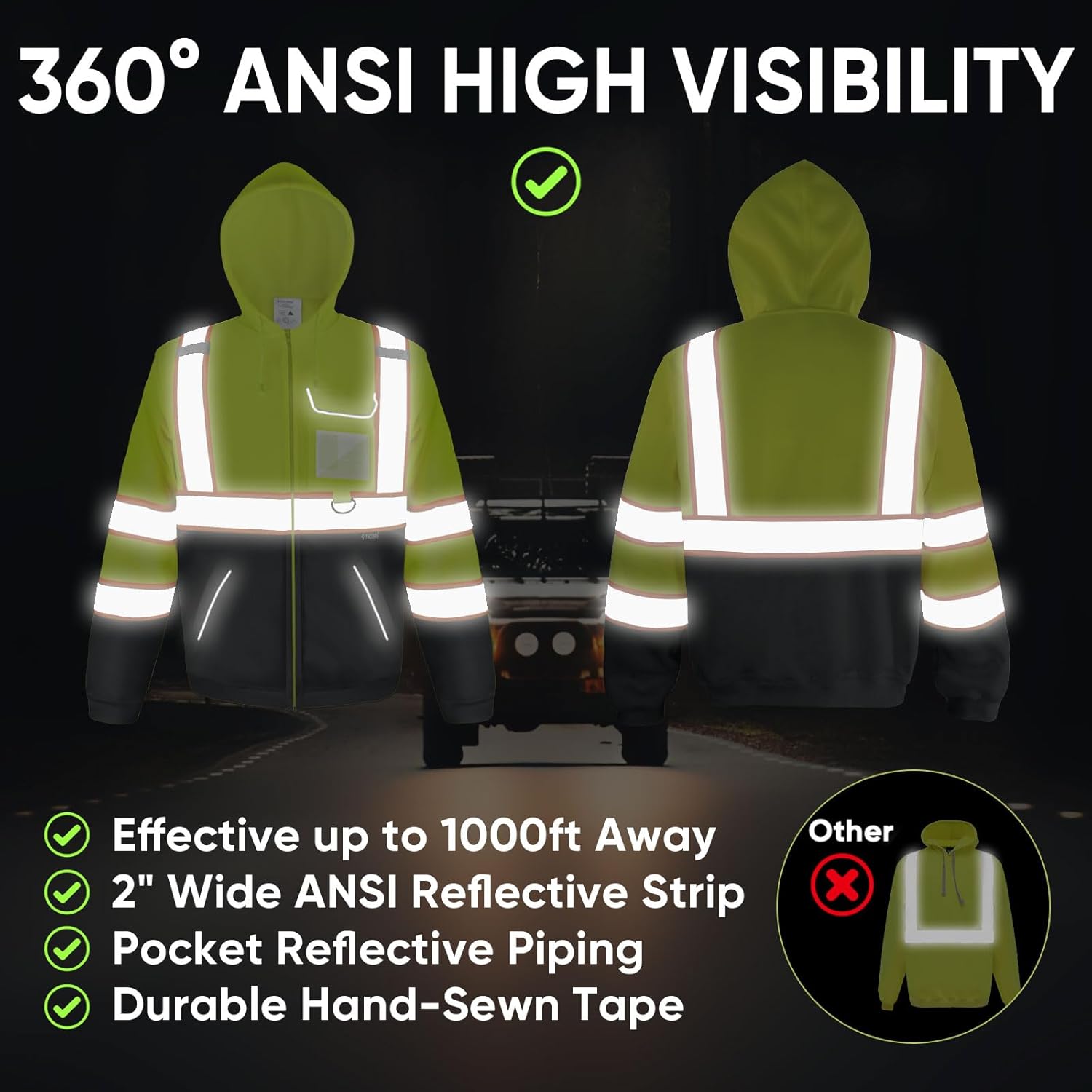 TICONN Safety Hoodie Jacket, High Vis Reflective Safety Fleece Hoodie, PPE Gear for Cold Weather Meet ANSI III - Image 2