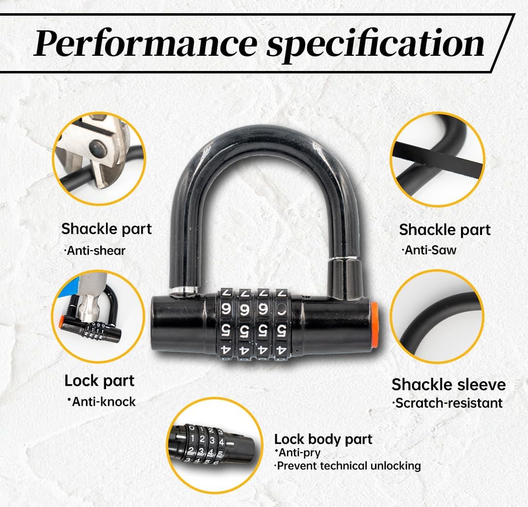 Bike Locks Heavy Duty Anti Theft,10mm Mini Motorcycle Combination U Lock with 6mm x 5FT Cable,4-Digit Combo Resettable Bicycle Lock for Bike, Motorcycle, Scooter, Door (Mini U Lock with 3FT Chain)