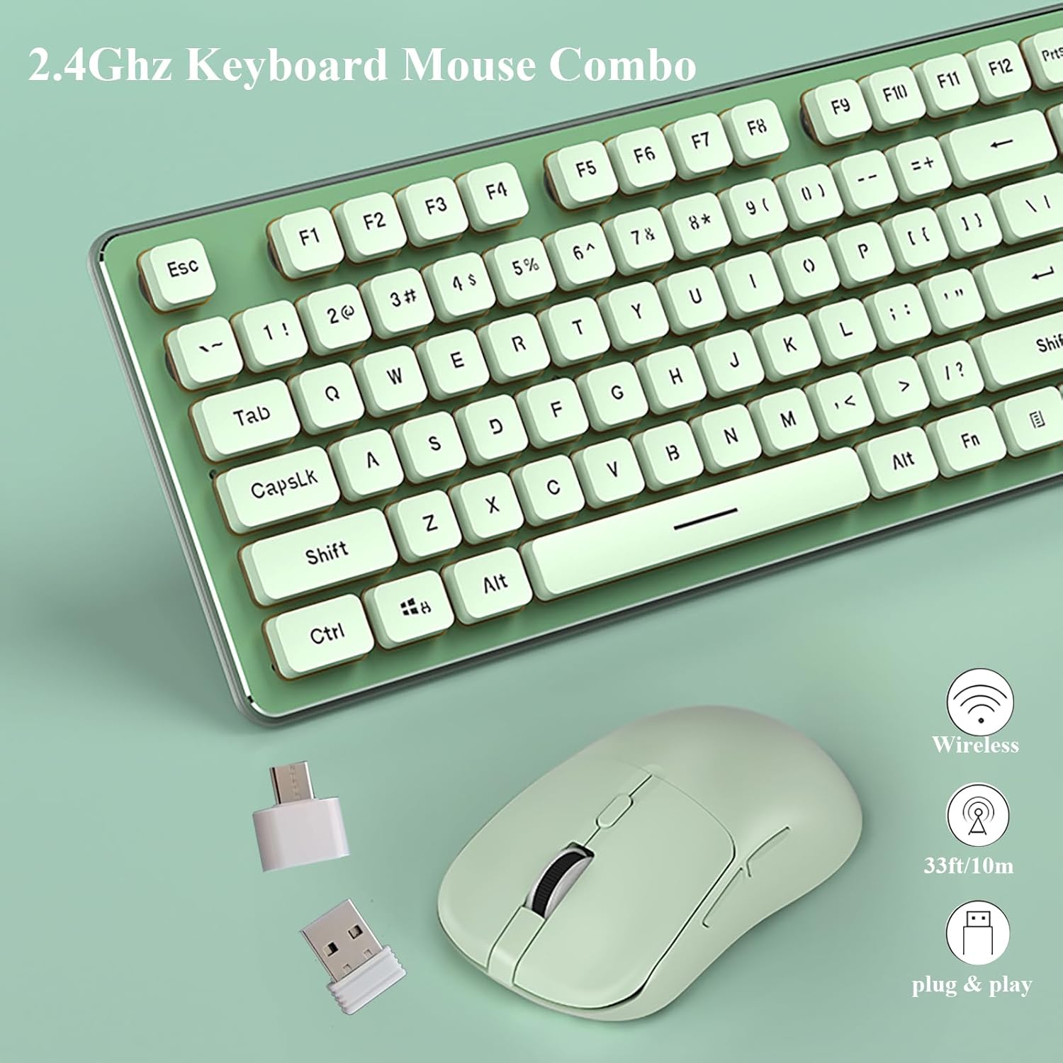Backlit Keyboard and Mouse Wireless, Full Size, Quiet Input, Ergonomic Tilt Angle, Sleep Mode, 2.4G Rechargable Computer Keyboard and Optical Mice Set for Laptop PC (Green+ Warm Light)