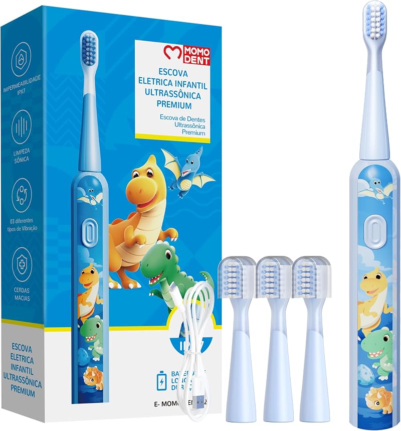 MOMODENT Escova de Dente Elétrica Crianças Sônica, Para 3 a 12 Anos | Cerdas Extra Macias, 3 Modos de Vibração, 3 Cabeças Substituíveis, IPX7 à Prova