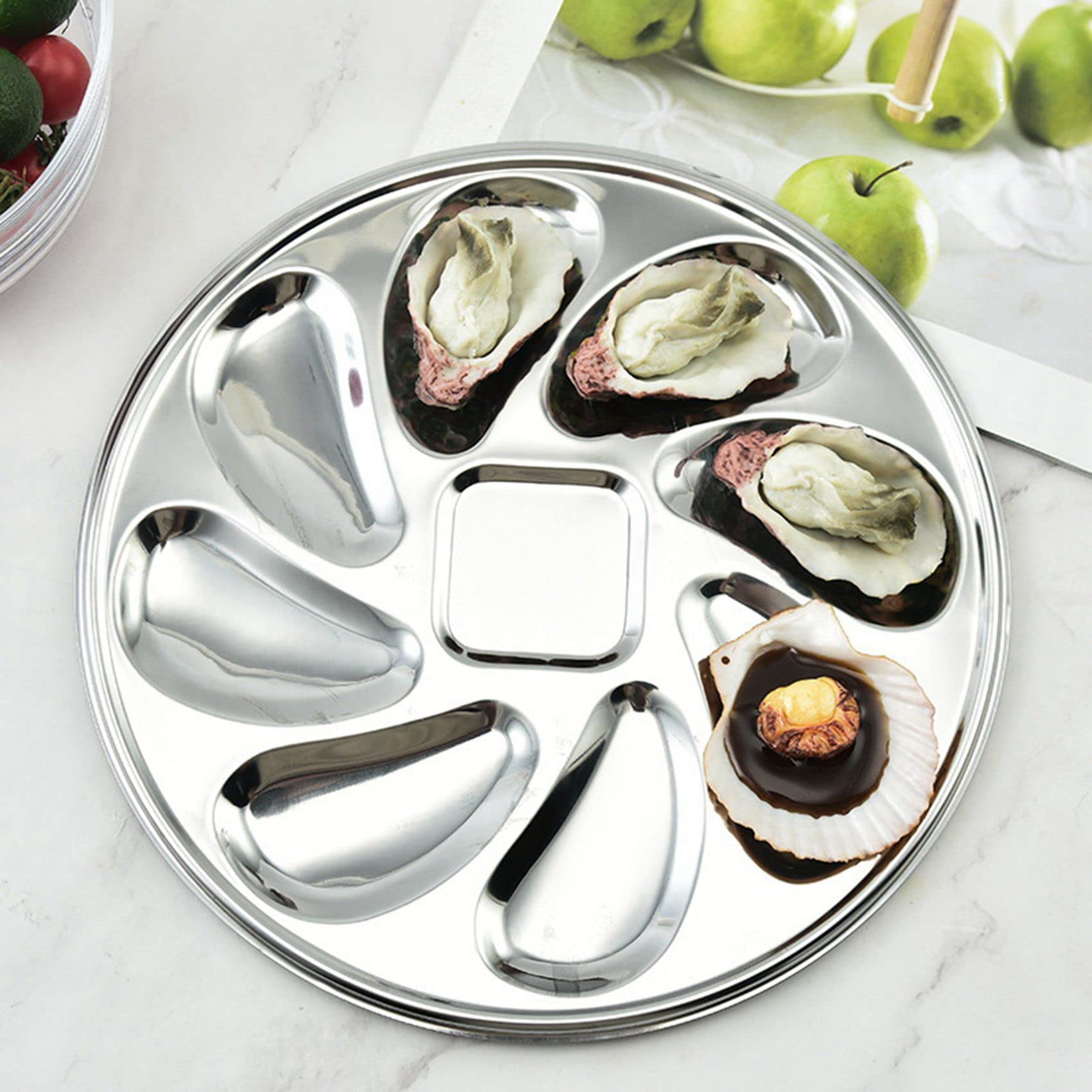 rieder Lot de 8 assiettes à huîtres en acier inoxydable en forme de coquillage, récipient à huîtres avec 8 fentes pour sauce à huîtres
