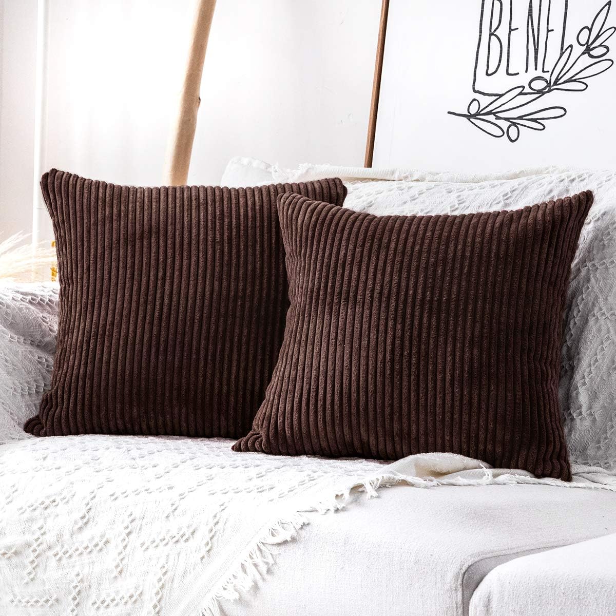 MUDILY One Piece Striped Velvet Decor Throw Pillow Covers Cushion Cover for Chair Supersoft Handmade Decorative Pillowcase for Sofa Bed Bench and Outdoor, Brown 26 x 26 inch