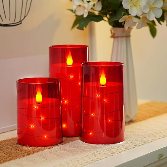 Amagic Red Flameless Candles 3 Set, Flickering Battery Operated Candles Embedded Fairy String Light, Realistic Pillar Candle with Remote Control and Timer, Acrylic, D3 x H4 5 6
