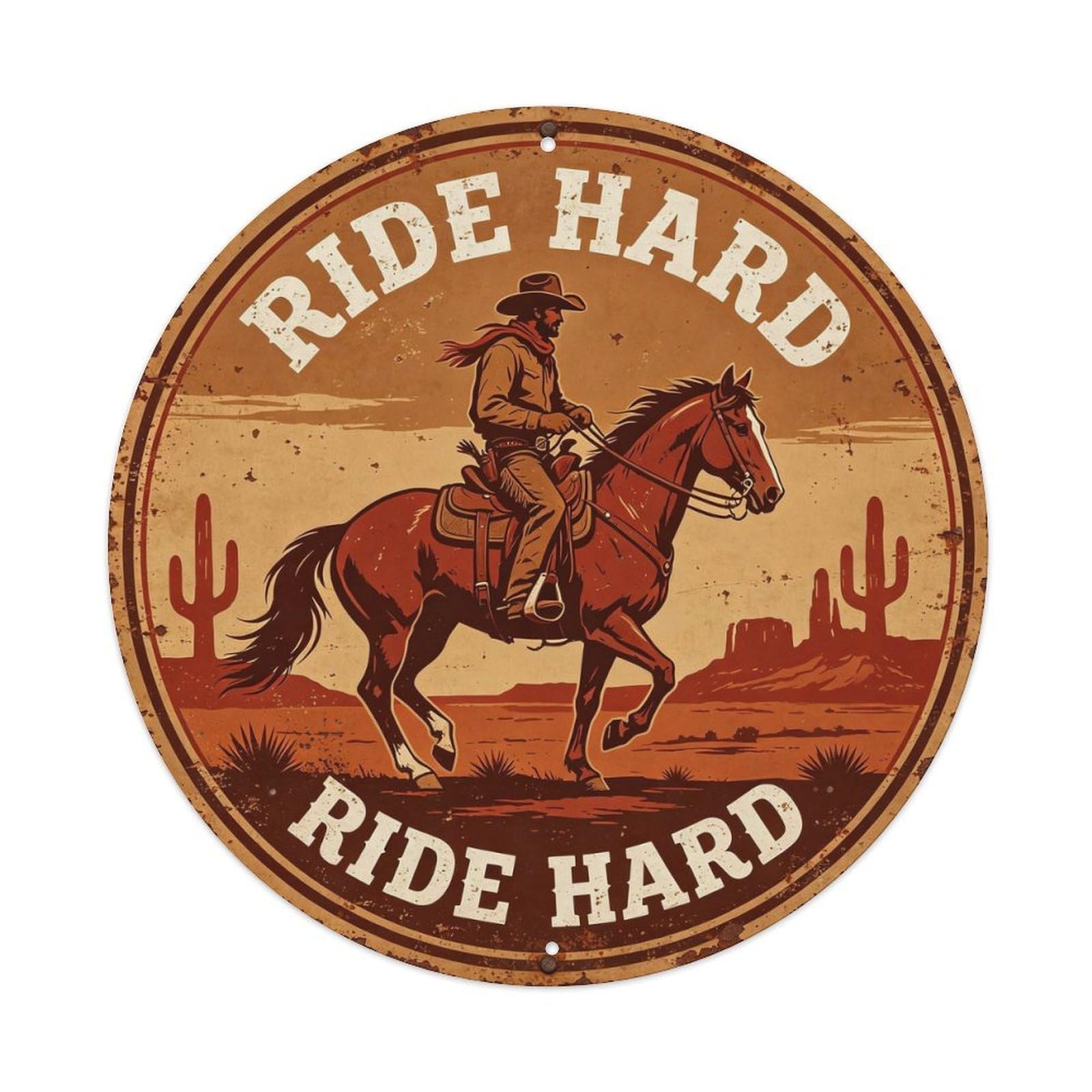 Rustic Wild West Ride Hard Cowboy Metal Tin Sign Plaque