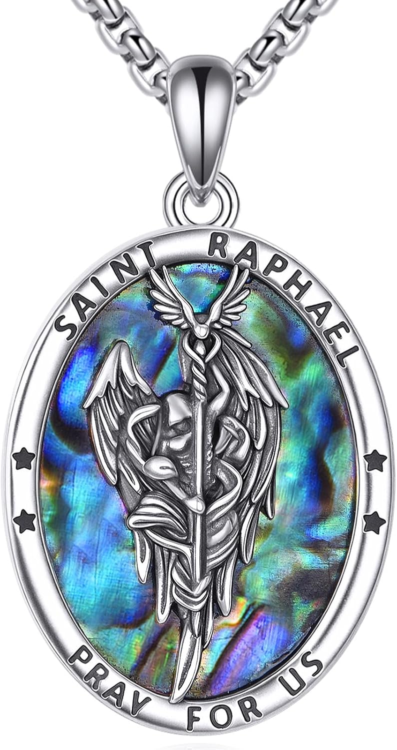 925 Sterling Silver Religious Medal St Michael St Raphael Memento Mori Santa Muerte Pendant Necklace Jewelry Gifts for Men Women