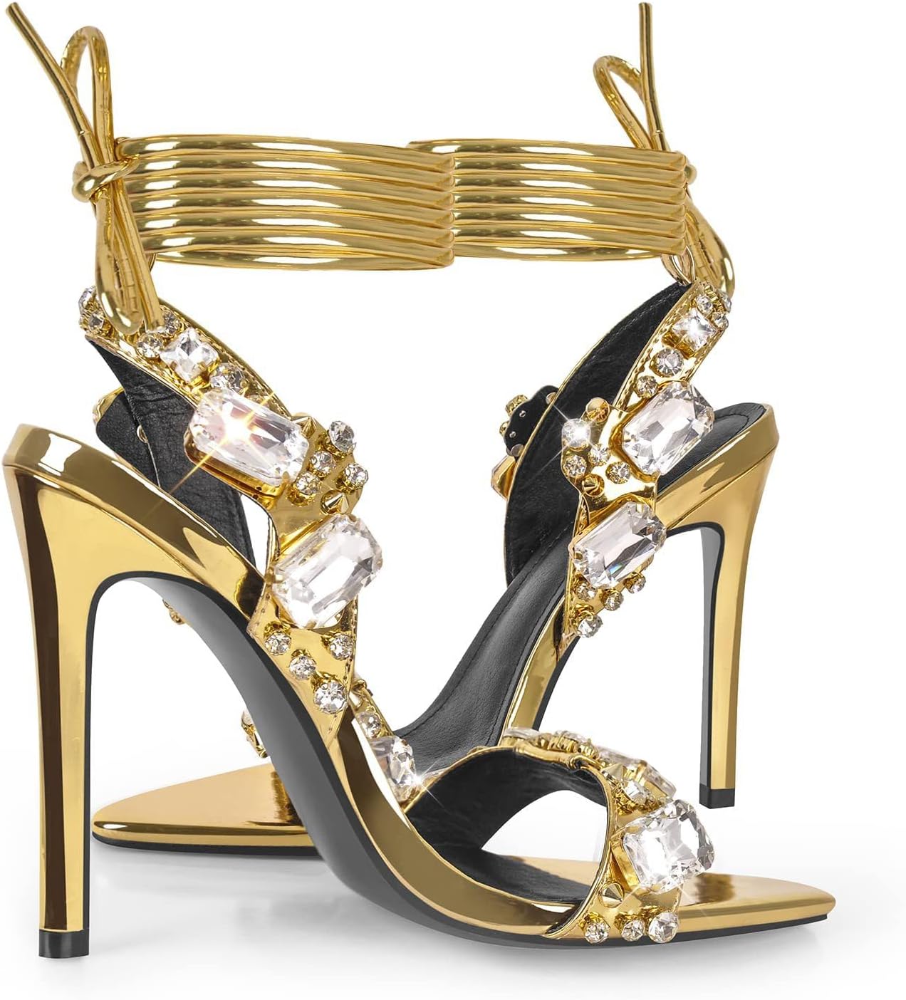 Kluolandi Women's Strappy Stiletto Heels with Crystal Lace Up Gladiator Sexy Open Toe High Heeled Sandals Gold Heels for Women