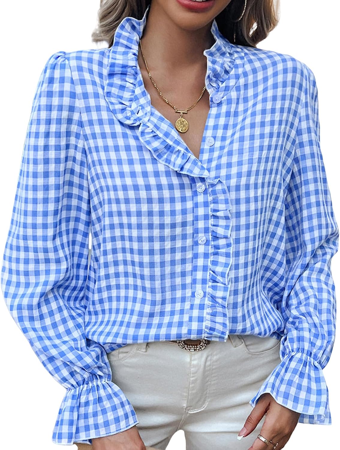 MINTLIMIT Womens Plaid Blouse Peasant Button Down Ruffle Neck Plaid Puff Long Sleeve Gingham Blouse Shirts