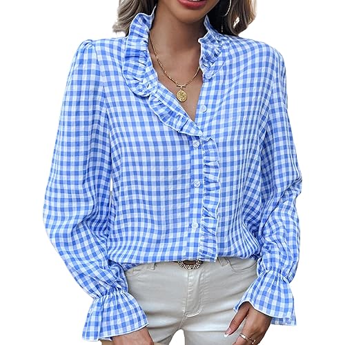 MINTLIMIT Womens Plaid Blouse Peasant Button Down Ruffle Neck Plaid Puff Long Sleeve Gingham Blouse Shirts
