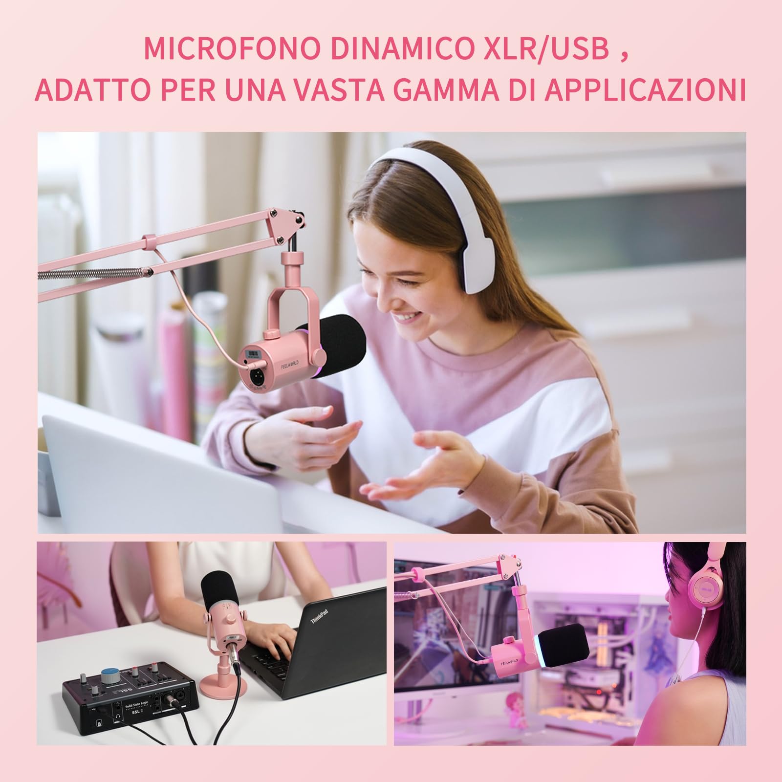 FEELWORLD PM1-AS USB/XLR Micro Gaming Streaming (per PC PS4 PS5), RGB Dynamic Iris Microphone, Pink with Stand, for Gaming, Podcasting, Broadcasting