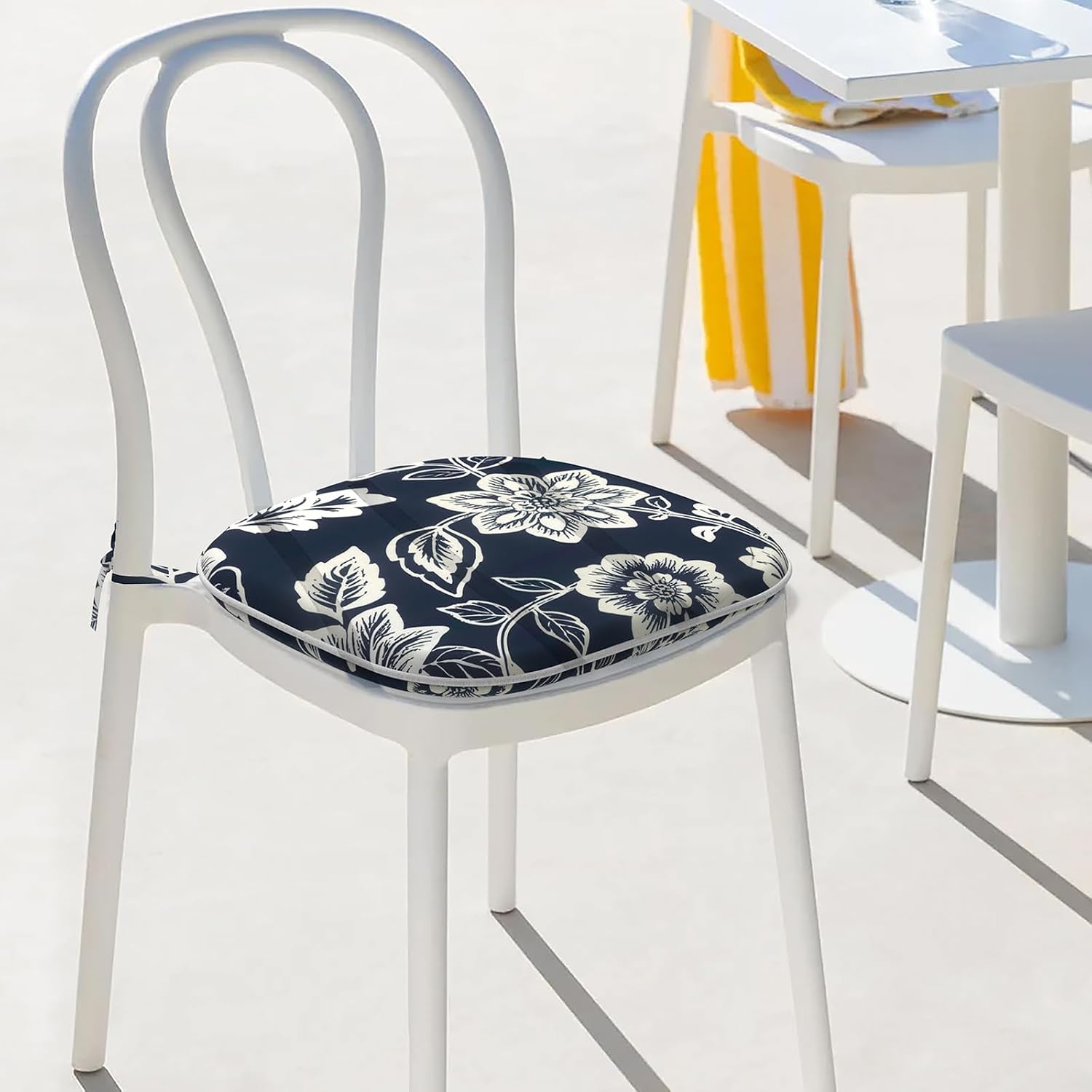 Outdoor/Indoor Chair Cushions with Ties, Waterproof All Weather Seat Cushions for Patio Furniture Home Garden Chair, Set of 2, 16x17 Inch, Elegant Vines Navy