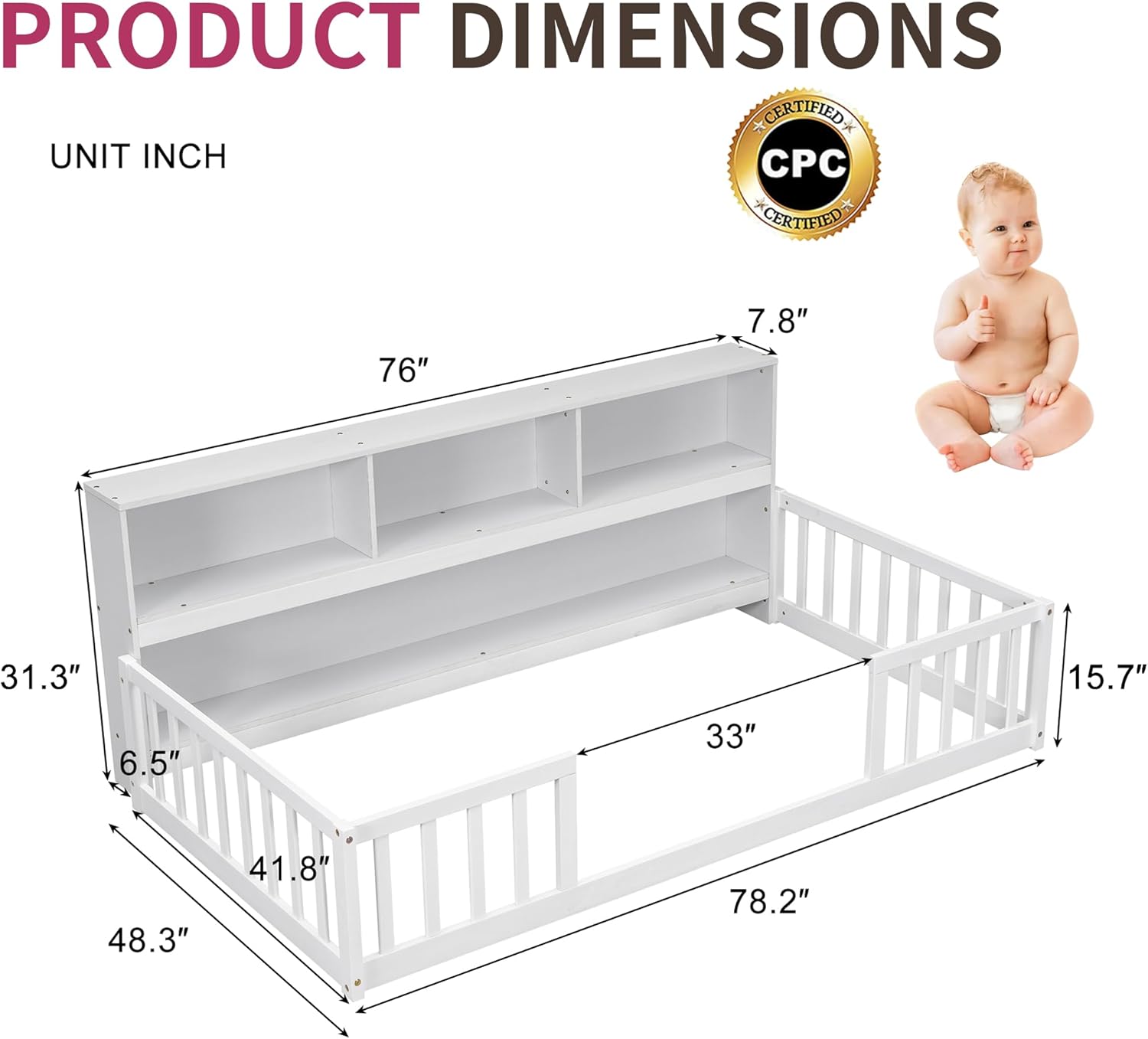 Twin Montessori Floor Bed with Storage Shelves and Bedside Bookcase, Wood Kids Floor Beds with Guardrails, Twin Floor Bed Frame for Kids Girls Boys, White