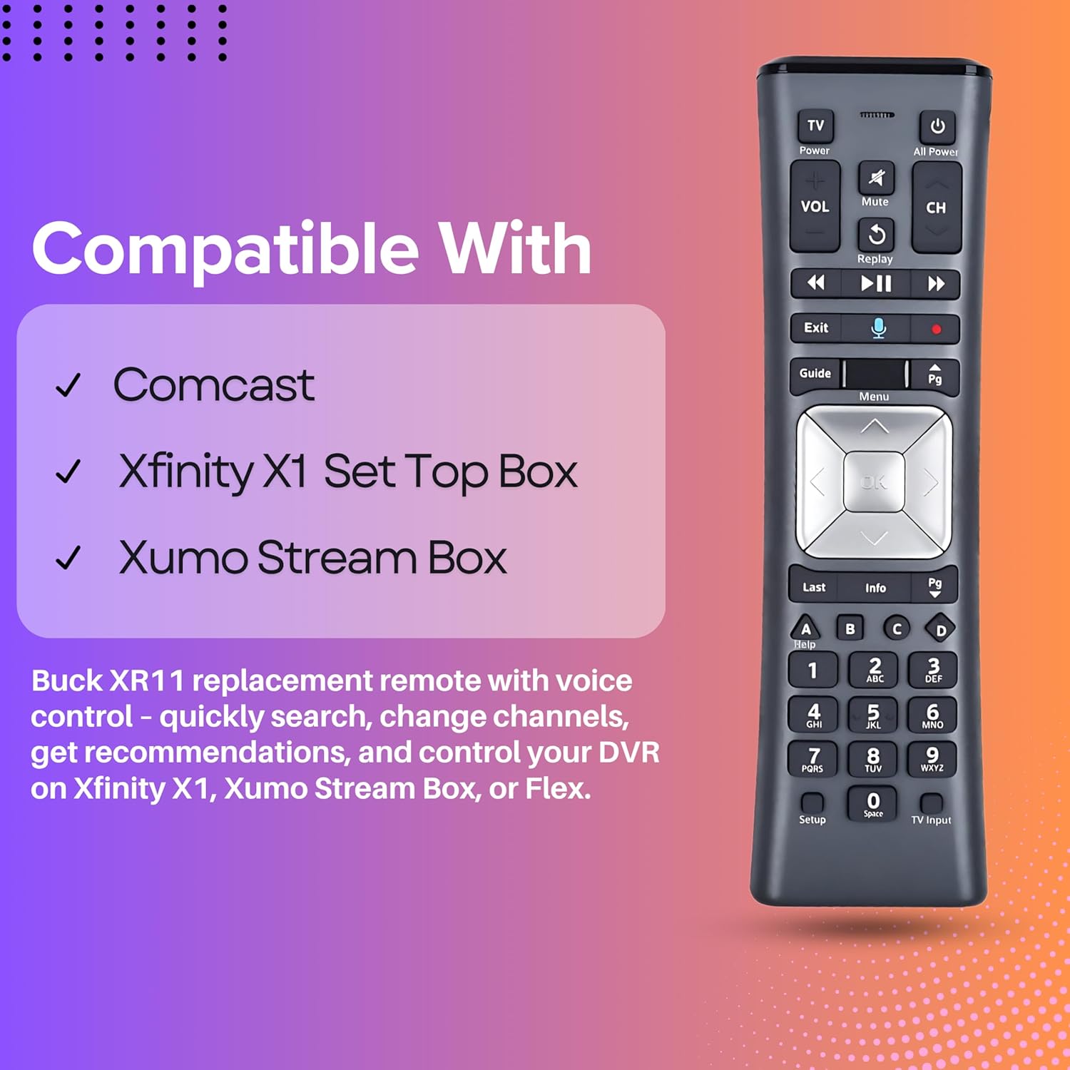 XR11 Xfinity Remote Control Replacement – Universal IR/RF Remote for Cox & Comcast, Easy Pairing, Voice Search, Backlit Keys, Compatible with X1, XG1, Xi3 Cable Boxes/DVR Receivers, 1 Pack