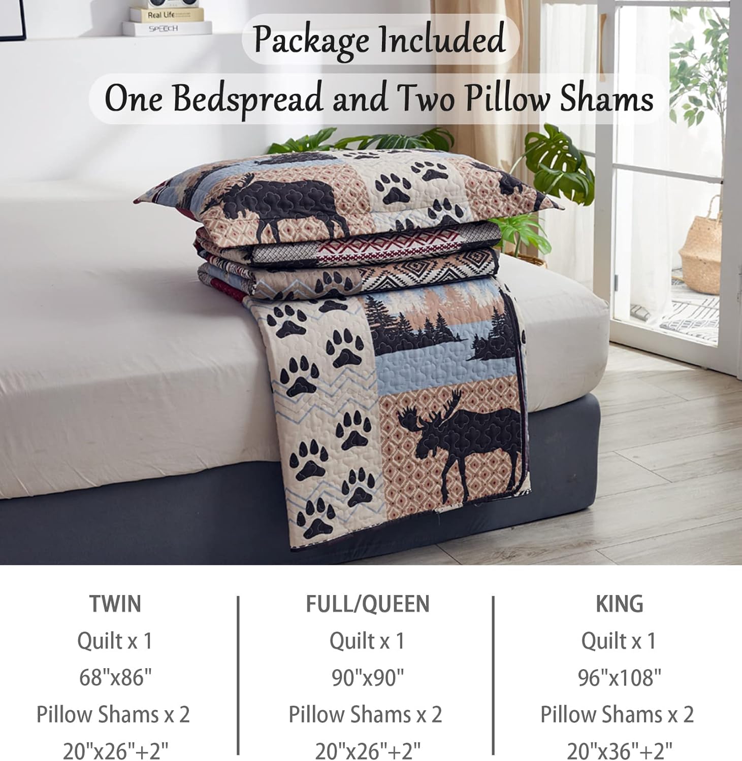 Rustic Quilt Queen/Full Size, Lodge Cabin Bedding Set Moose Bear Bedspread Coverlet Stitched Bedcover Wildlife Printed Bed Set Woodland Patchwork Plaid Quilted Bed Cover Country Decor(90"x 90") - Image 7